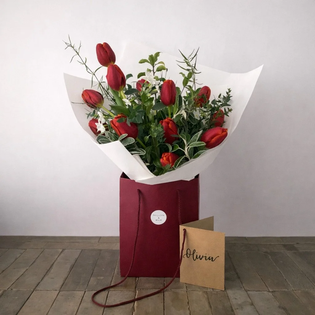 Valentines Bouquet of Twelve Red Double Rose Tulip London Delivery