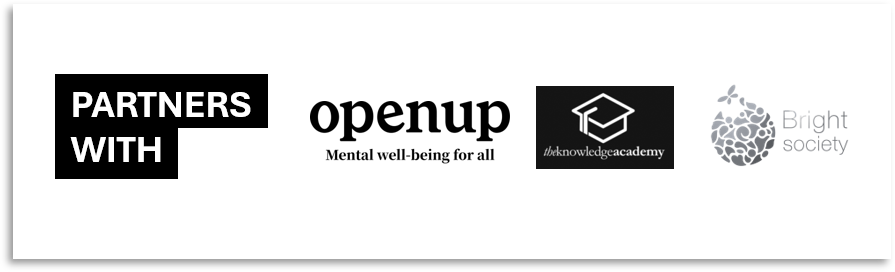 Logos of Partners with openup, the knowledge academy, and Bright Society promoting mental well-being.