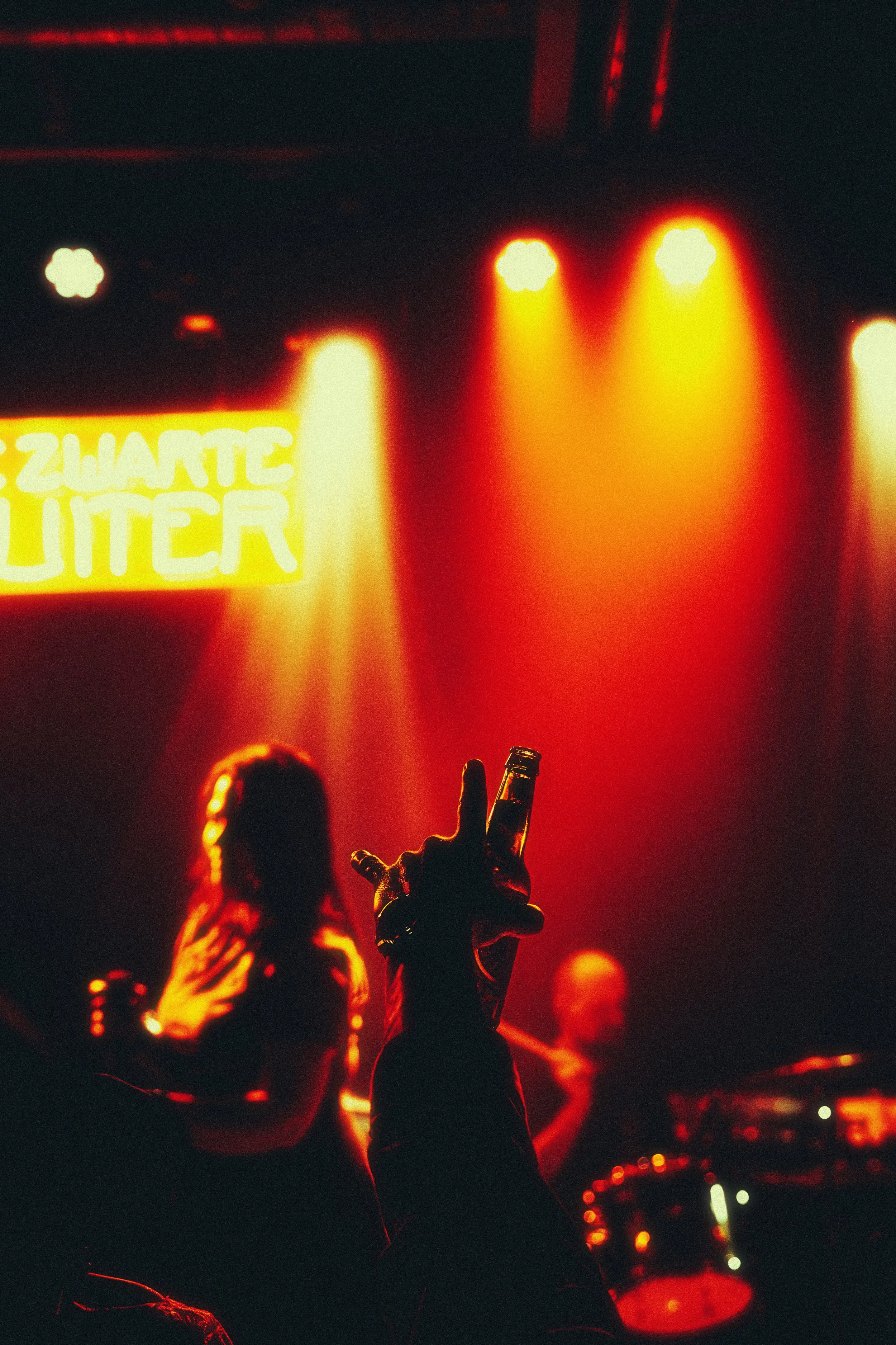 Dimly lit concert scene with brightly colored stage lights, a person holding a beer bottle, and a woman with long hair in the background. neon sign partially visible.