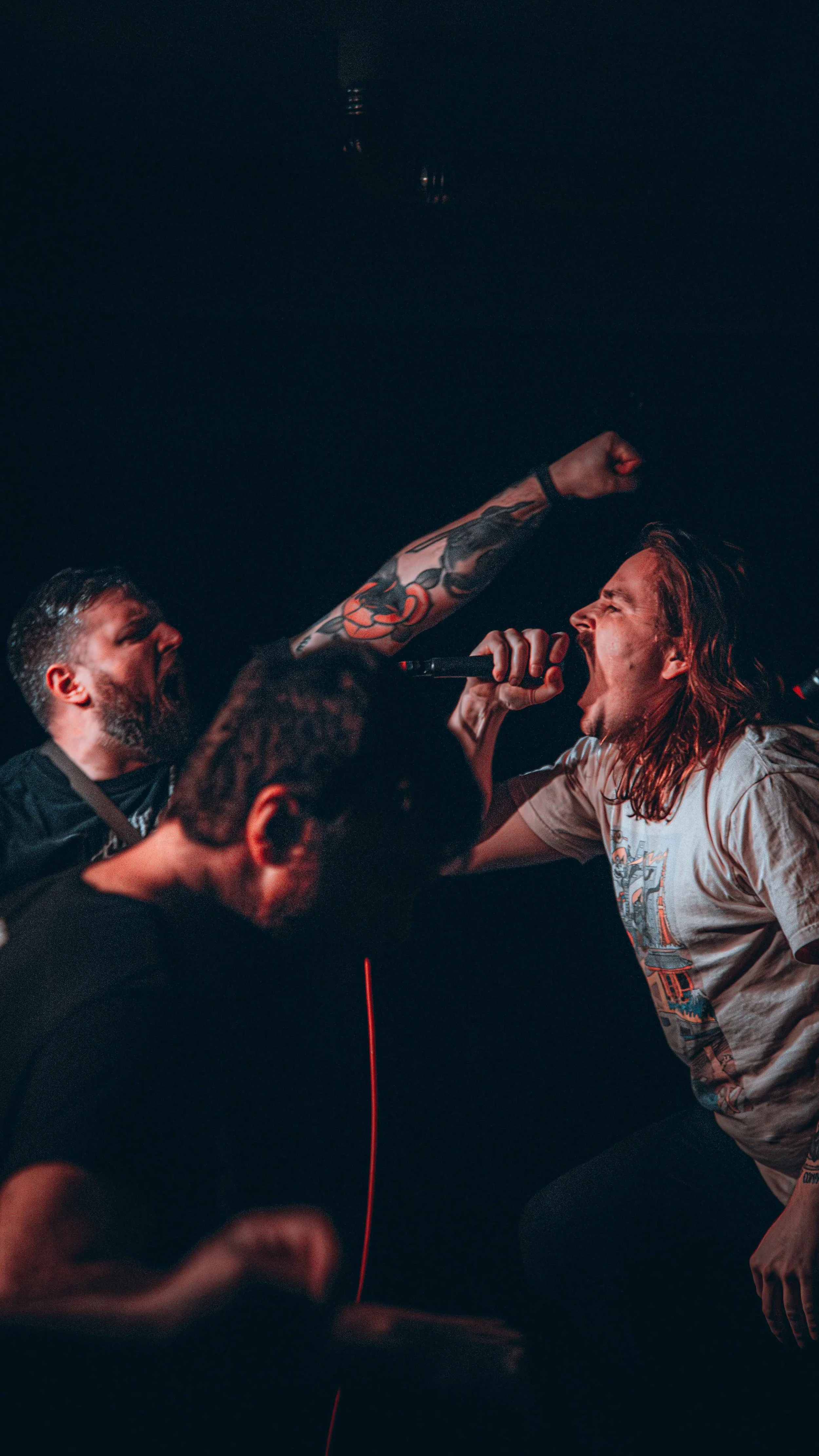 A live rock music performance with a vocalist singing passionately into a microphone, surrounded by band members on stage.
