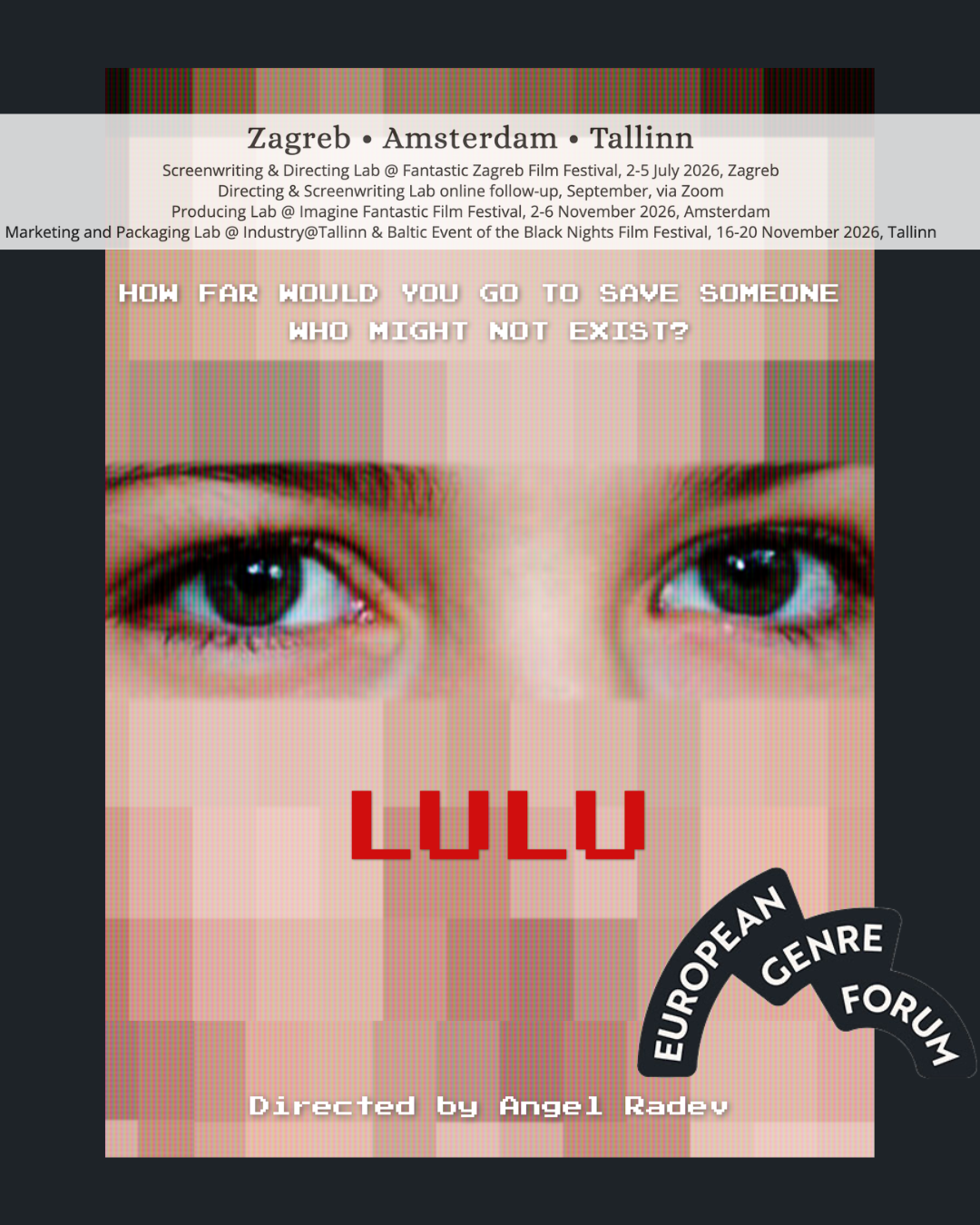 Promotional poster for the film 'Lulu' featuring a pixelated close-up of a person's eyes and face, with the text 'How far would you go to save someone who might not exist?' and details about film festival screenings and director Angel Radev.