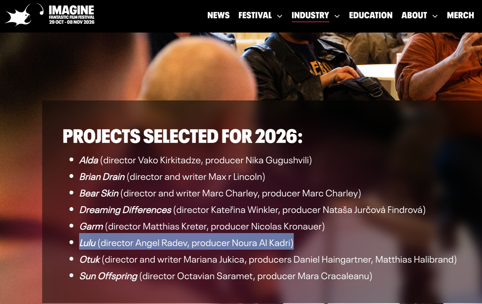 Screenshot of a webpage about the Imagine Fantastic Film Festival, featuring a list of projects selected for 2026 including 'Lulu', directed by Angel Radev. The page has a black header with menu options and the festival dates October 29 to November 8, 2026.
