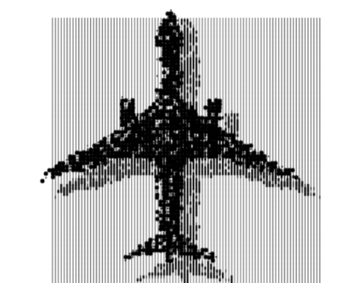 An abstract black and white digital artwork of an airplane, created with vertical lines and pixelated shading.
