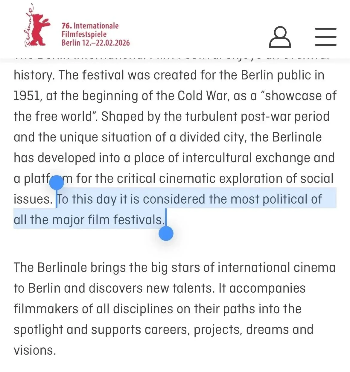 Logo of Berlinale international film festival in Berlin, Germany, with text about the festival's history and significance in film culture.