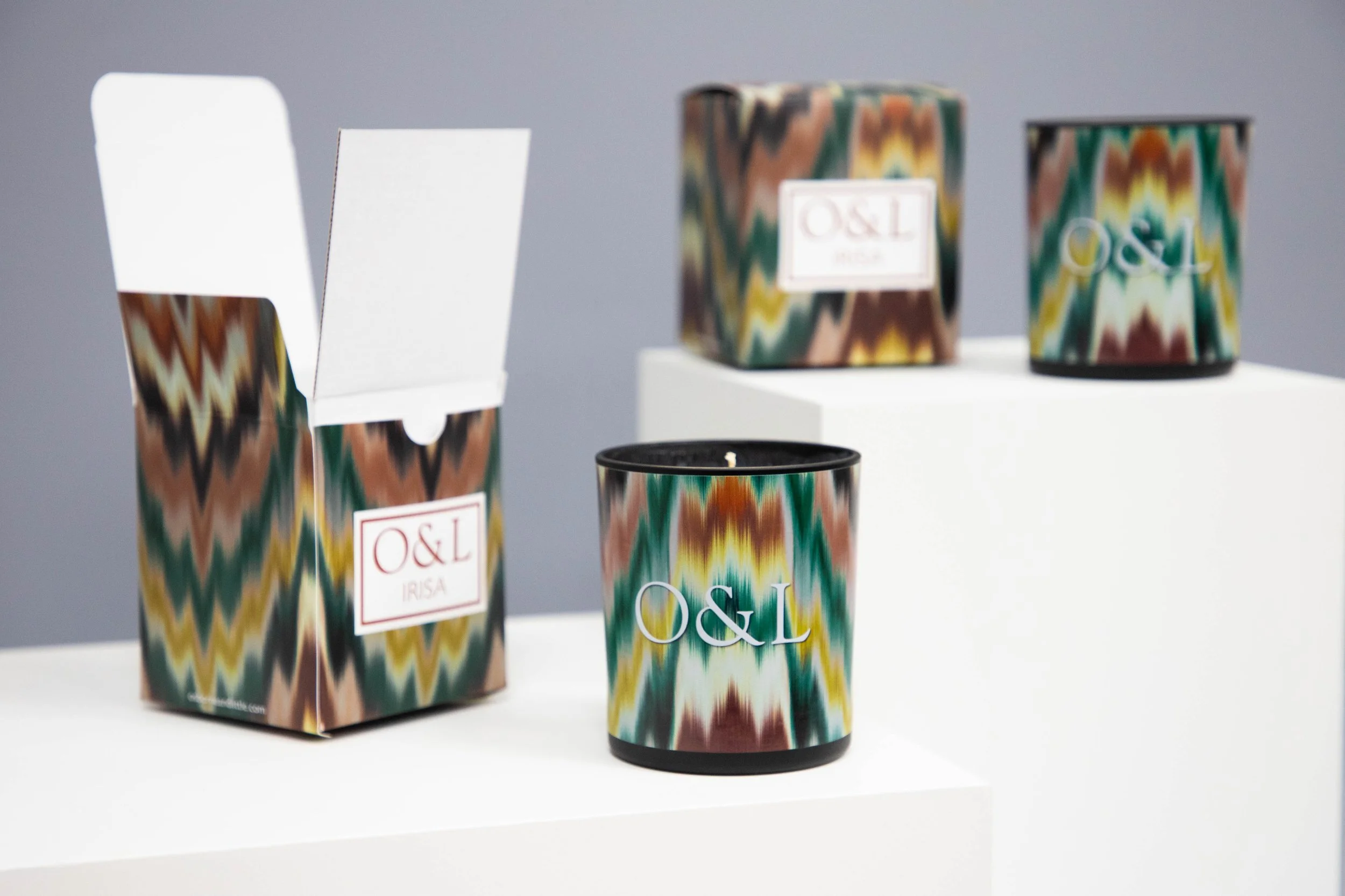 printed interior designer candles and boxes