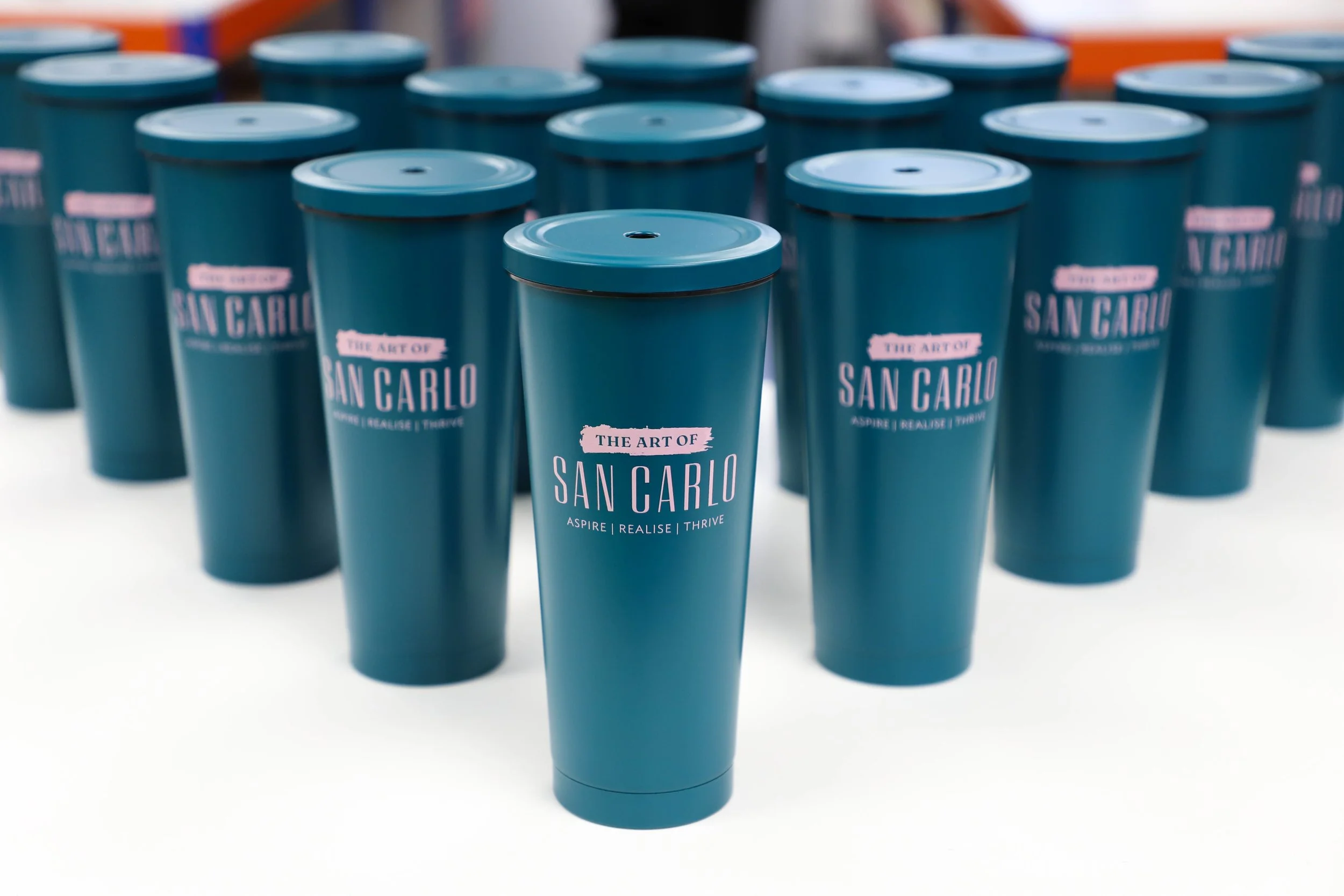 Pink printed teal straw reusable cups