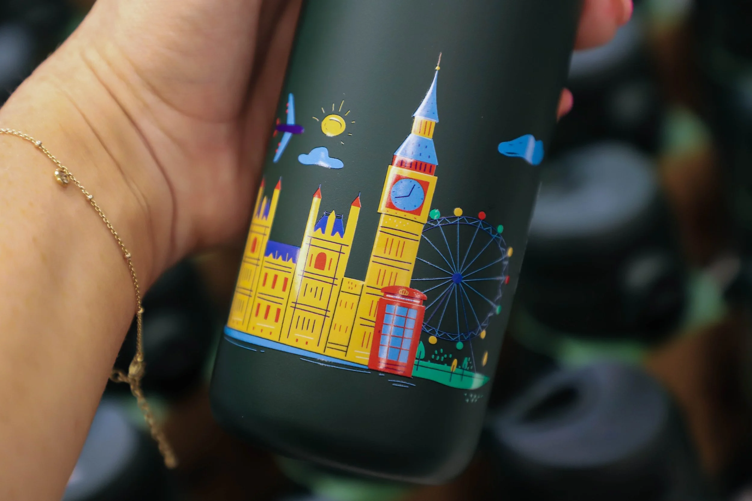 Printed drinks bottles with London skyline