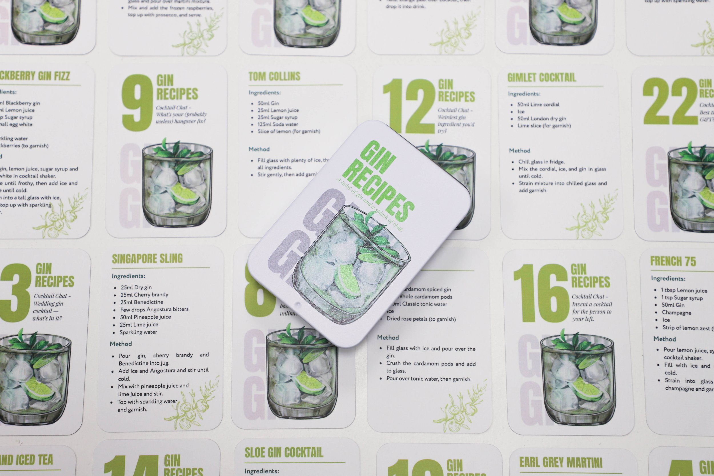 Gin recipe cards in tin