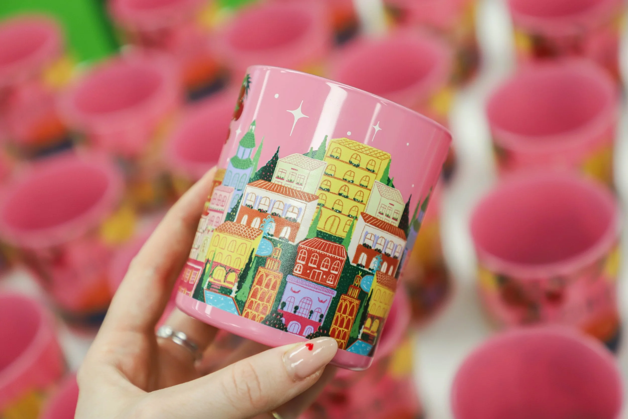 Positano printed pink candle vessels