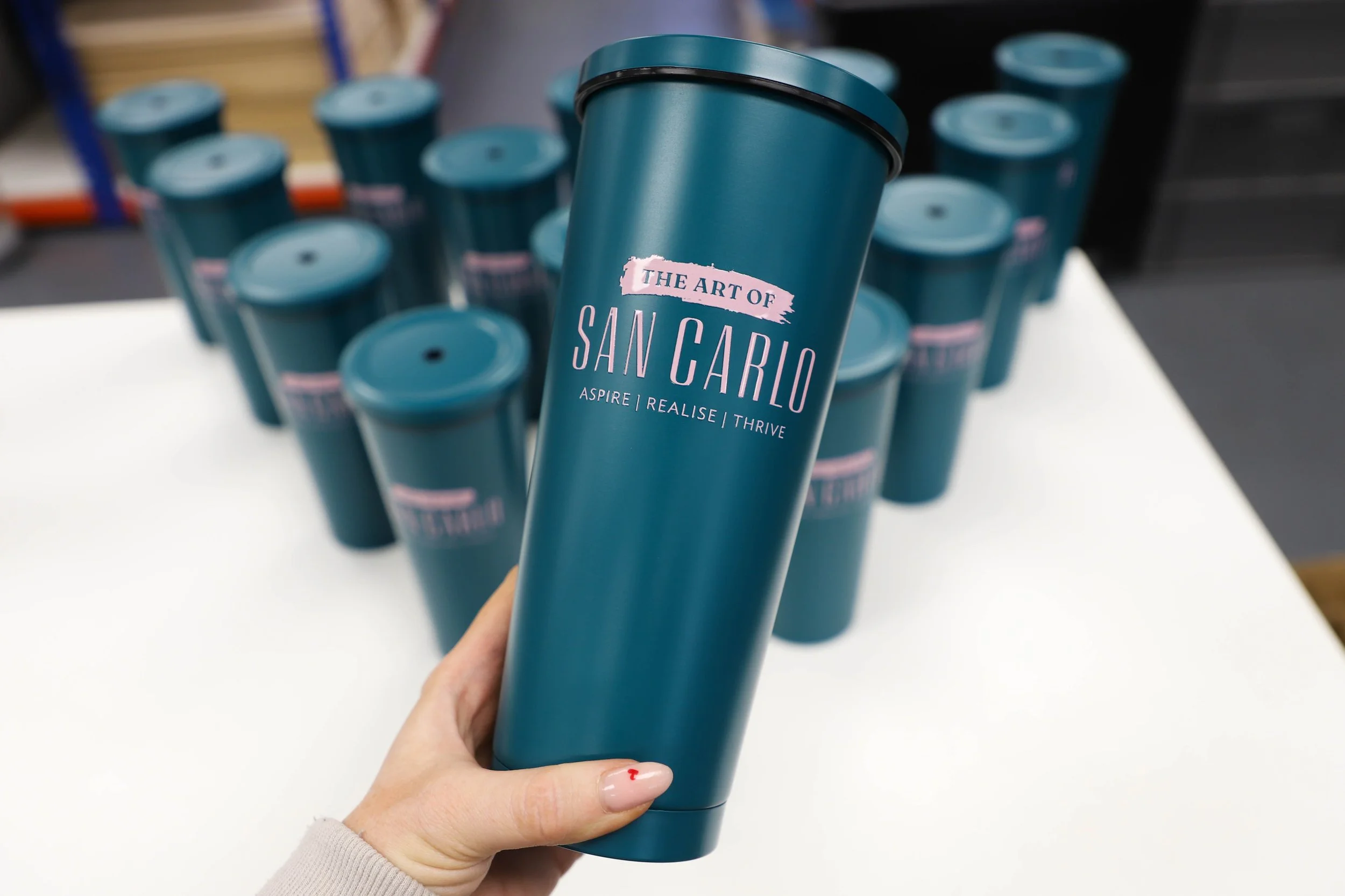 Pink printed teal straw reusable cups