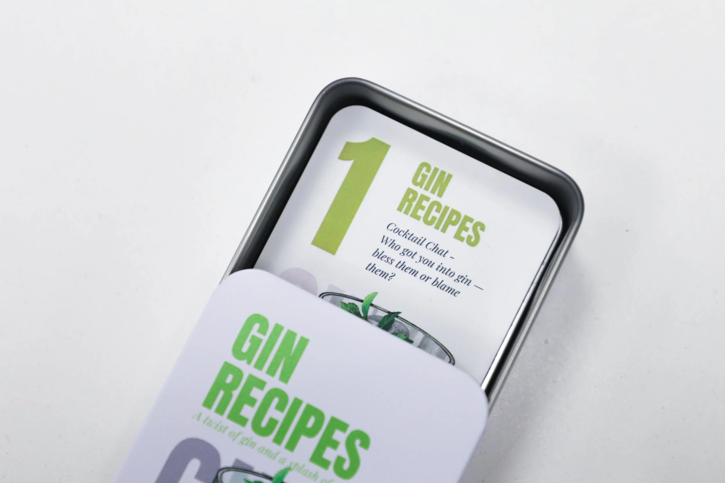 Gin recipe cards in tin