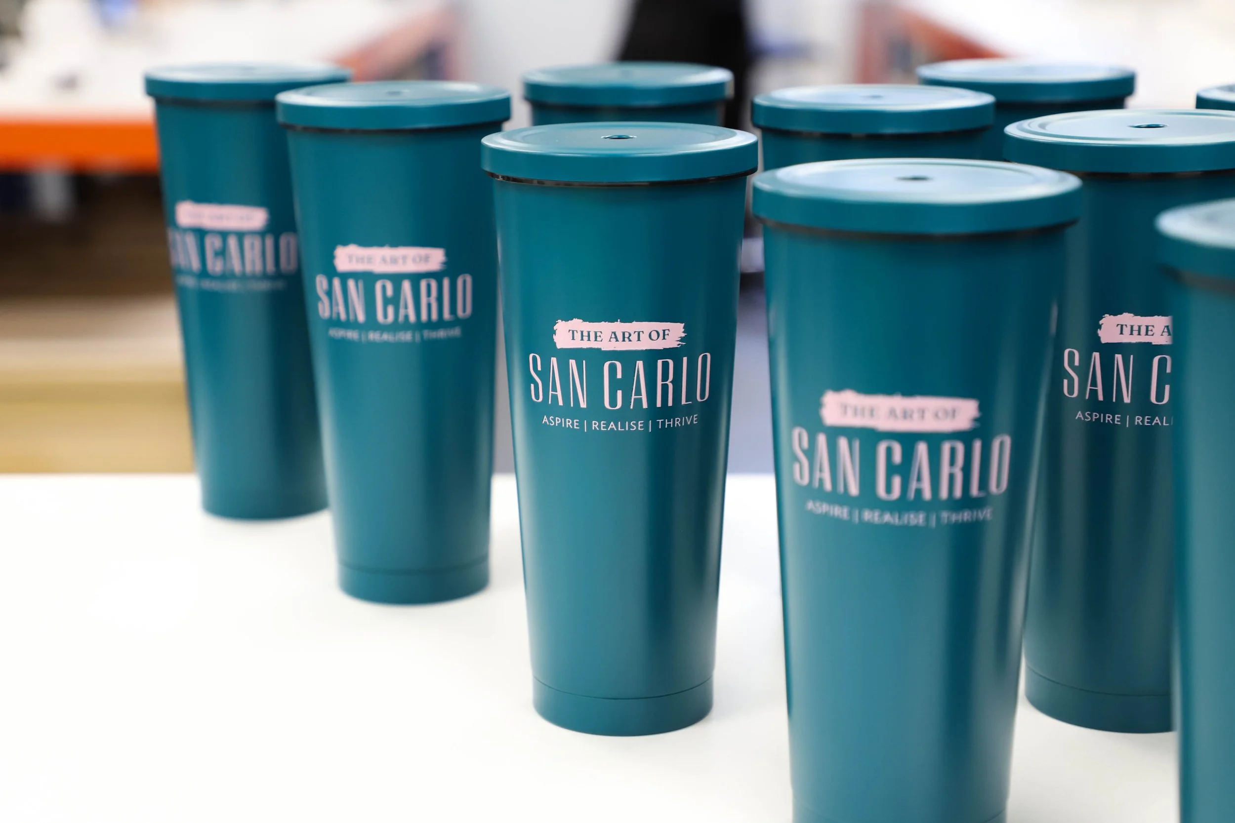 Pink printed teal straw reusable cups