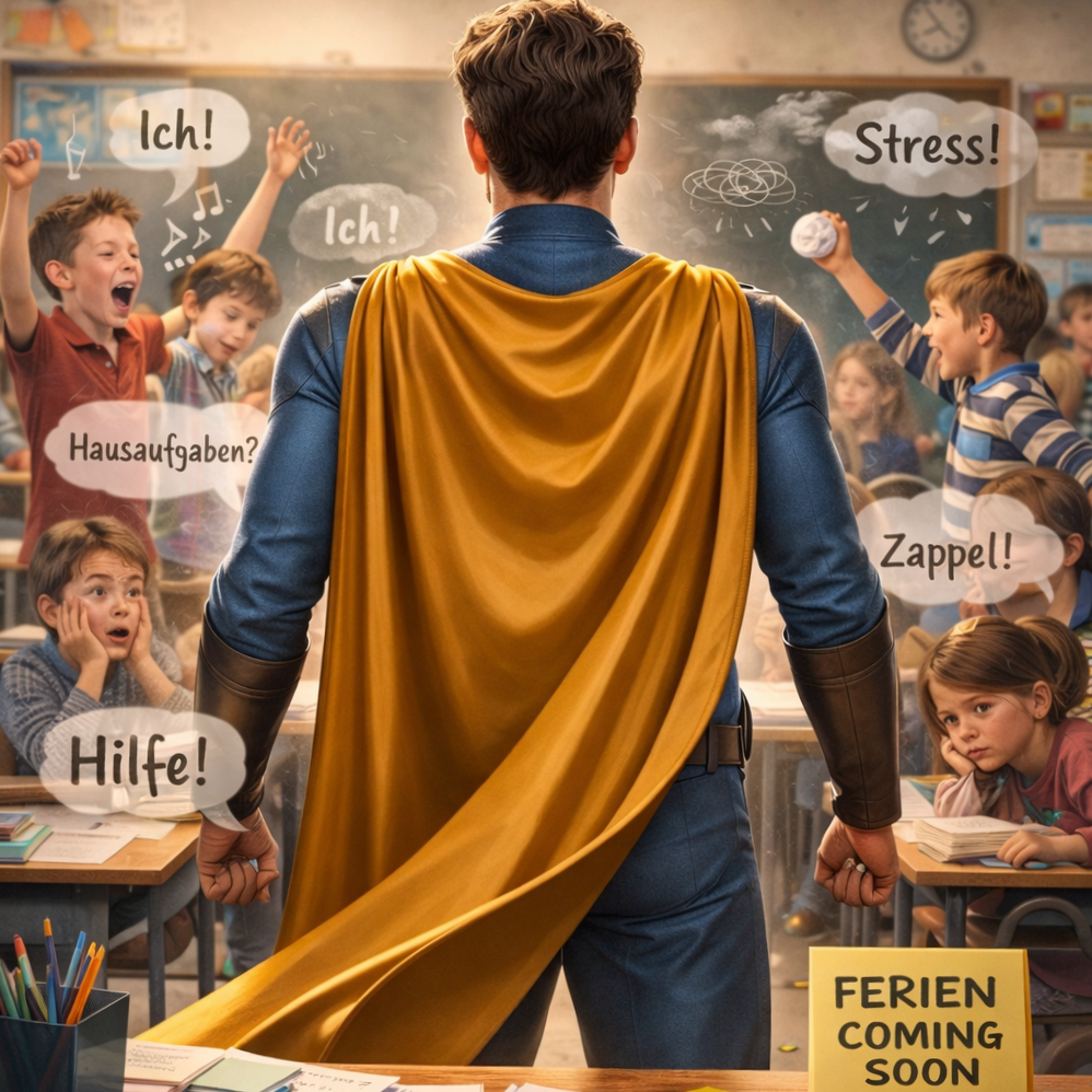 Lehrer steht vor einer Klasse mit goldenem Umhang – Symbol für Verantwortung, Wahrnehmung und die Belastung des Nervensystems im Unterricht