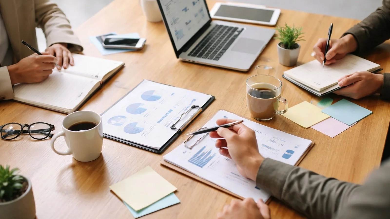 Meeting ohne sichtbare Gesichter, Fokus auf Zusammenarbeit und Austausch – Symbol für Sichtbarkeit von Kompetenz