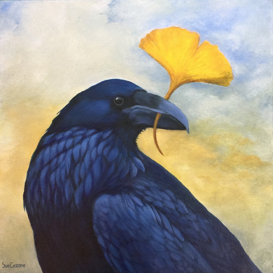 Raven and the Golden Ginkgo Leaf 16 x 16 Acrylic on Canvas.jpg
