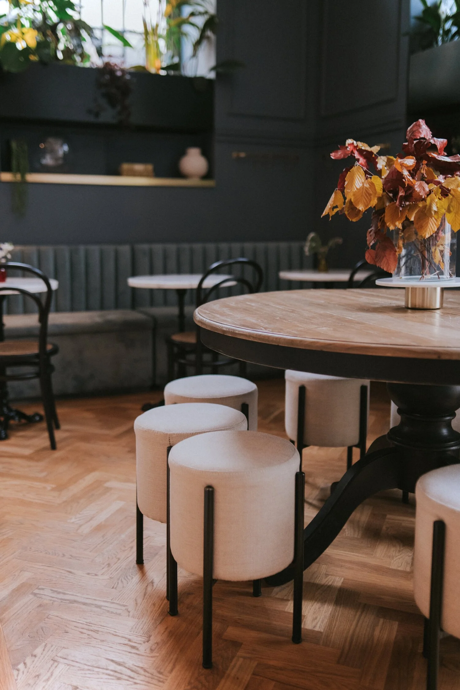 A cozy dining area with a wooden round table, surrounded by cream upholstered stools with black metal legs. A vase of autumn leaves decorates the center of the table, and the background features dark-colored walls, a gray bench, and small tables with