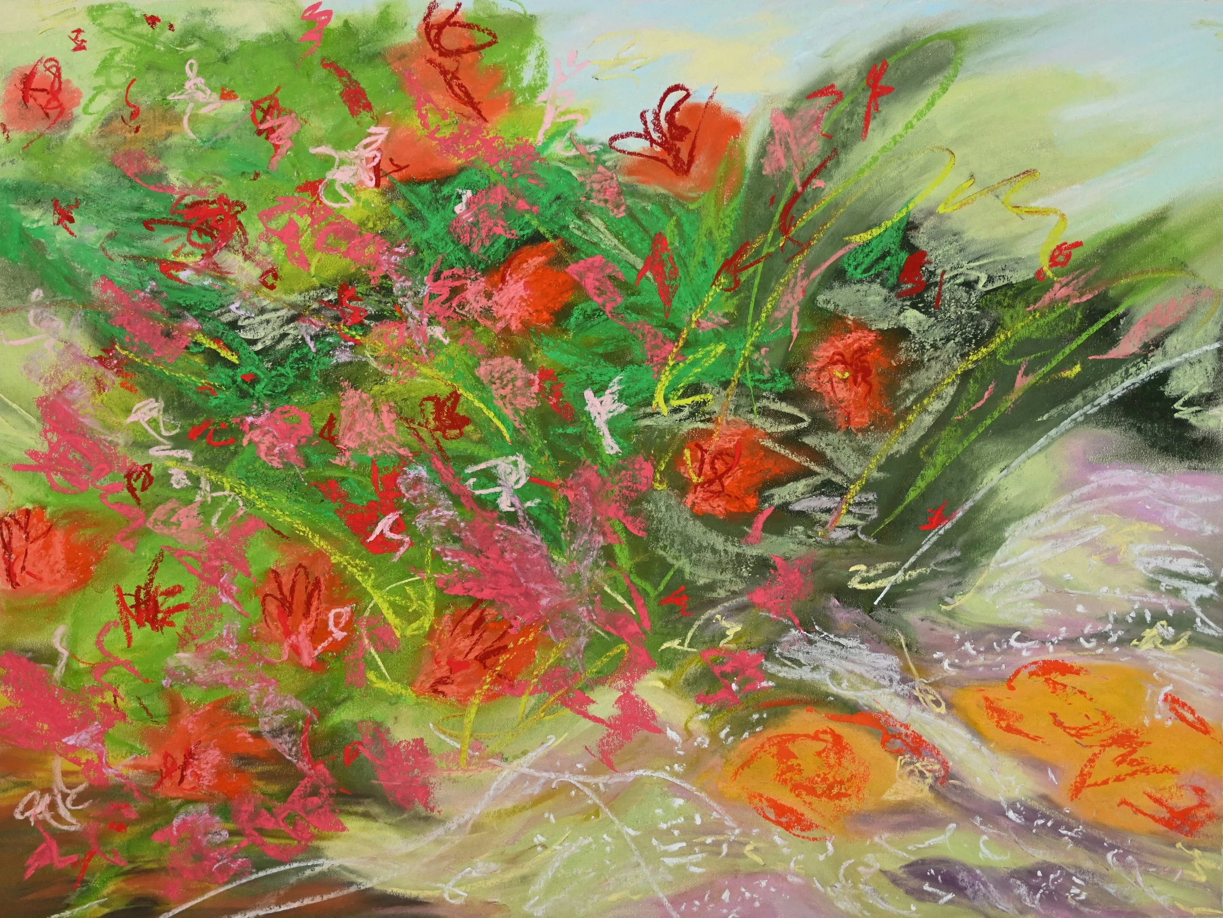Poppy Bed with Errant Squash, 2024, pastel on paper, 19"x25", framed to 23.75"x29.75"