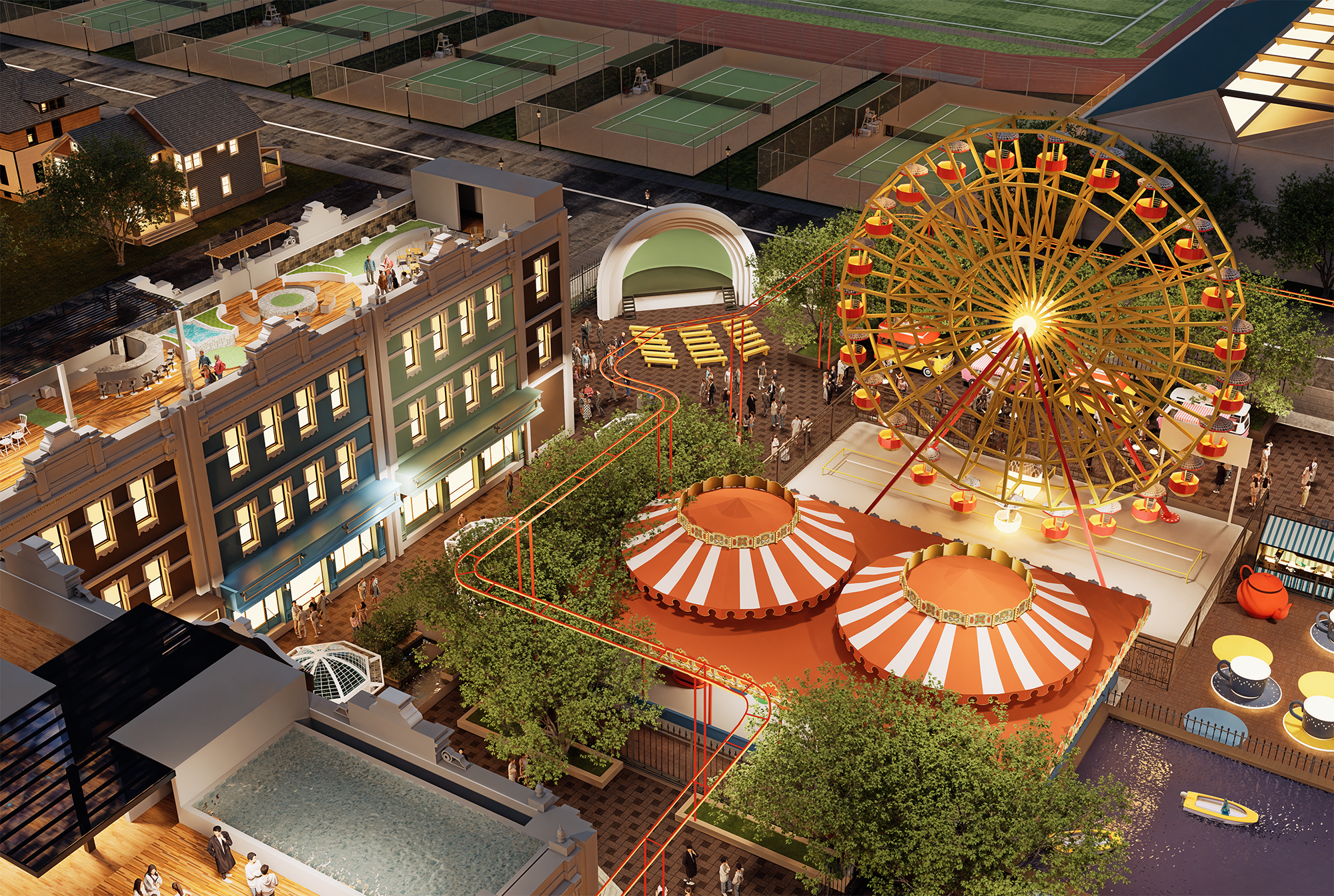 Aerial view of Wonderland Commons ferris wheel and bandshell