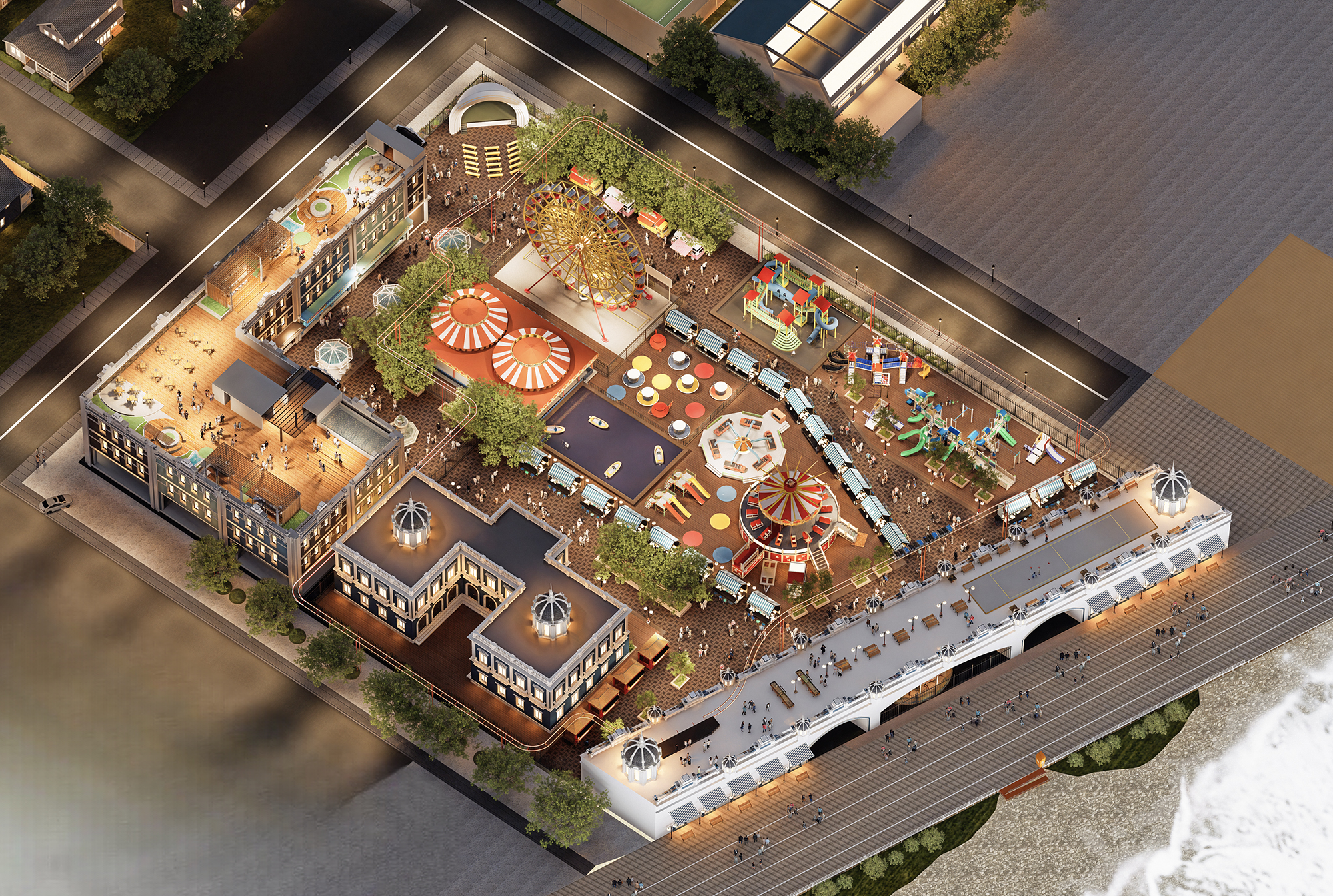 Aerial view of Wonderland Commons at night