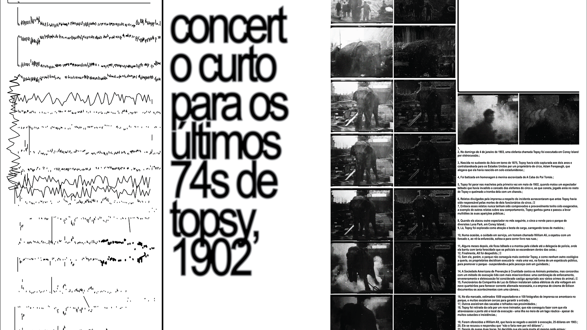 Imagem de um poster ou relatório com gráficos de ondas sonoras à esquerda, um grande texto em destaque ao centro dizendo "Concerto curto para os 74s de Topsy, 1902", e uma coluna de fotos em preto e branco do lado direito, acompanhadas por texto explicativo em português.