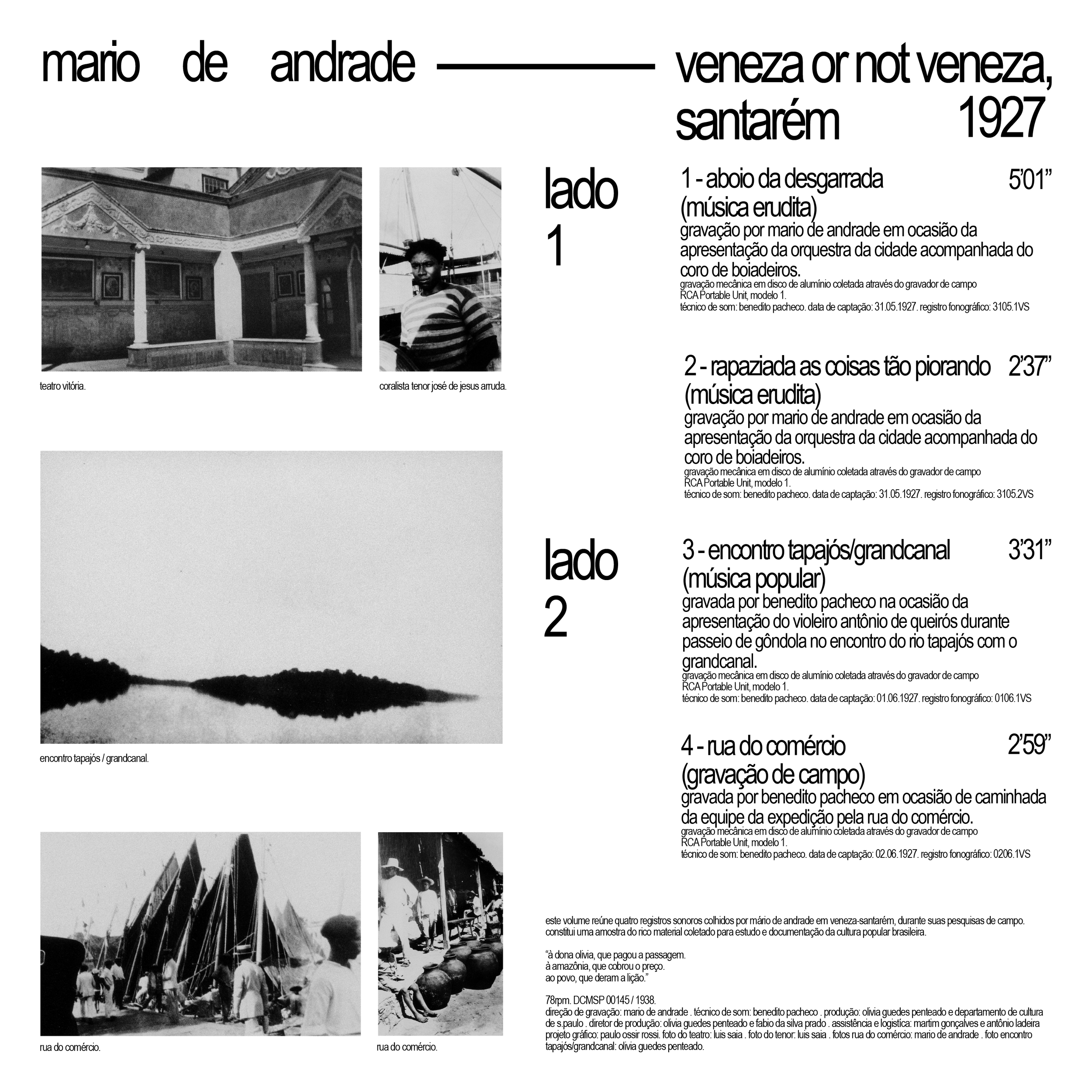 Página de um jornal ou catálogo com textos e quatro fotos em preto e branco: uma do teatro Vitória e uma de um coralista, uma do rio Tapajós e uma rua de comércio, contendo detalhes sobre registros de gravações e eventos culturais em Veneza, Santarém, em 1927.