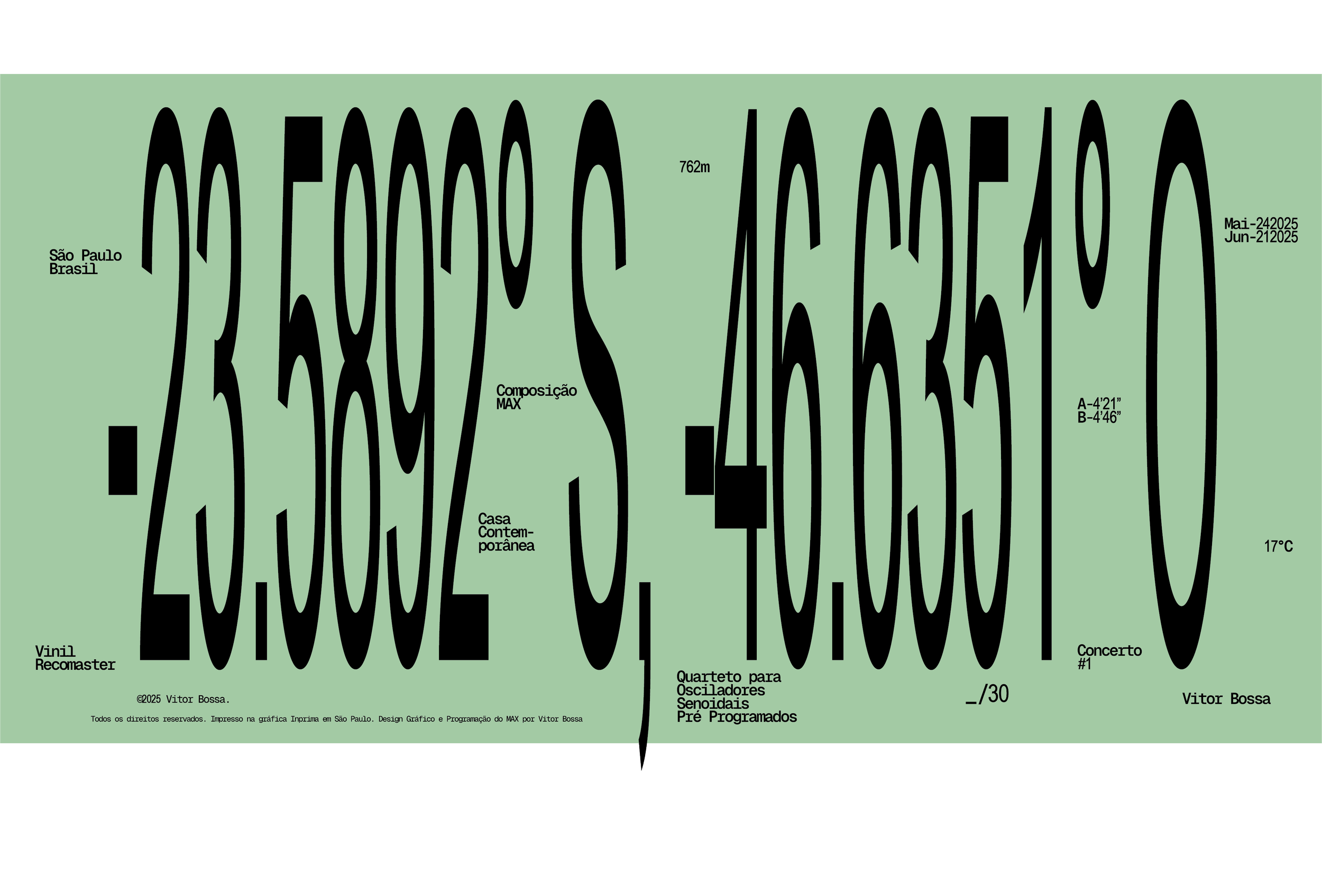 Design gráfico com informações textuais sobre São Paulo, Brasil, incluindo data, composição, casa colonial, clima, e detalhes do projeto. Texto em destaque com tamanhos variados e fundo verde claro.