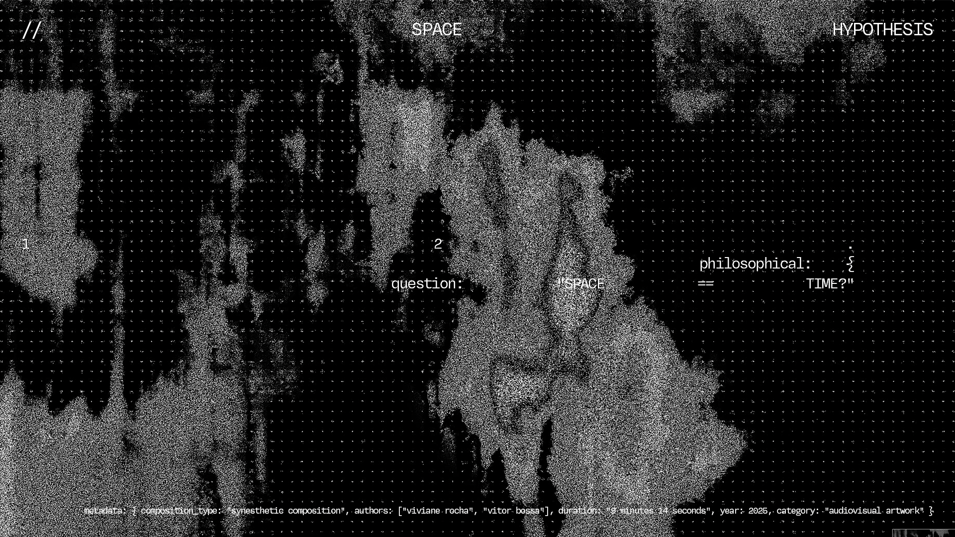 Imagem digital em preto e branco com elementos dispersos e o entendimento de uma composição artística que mistura espaço, perguntas filosóficas sobre o tempo, e elementos textuais como 'SPACE', 'question', 'HYPOTHESIS', e 'philosophical: TIME?'.