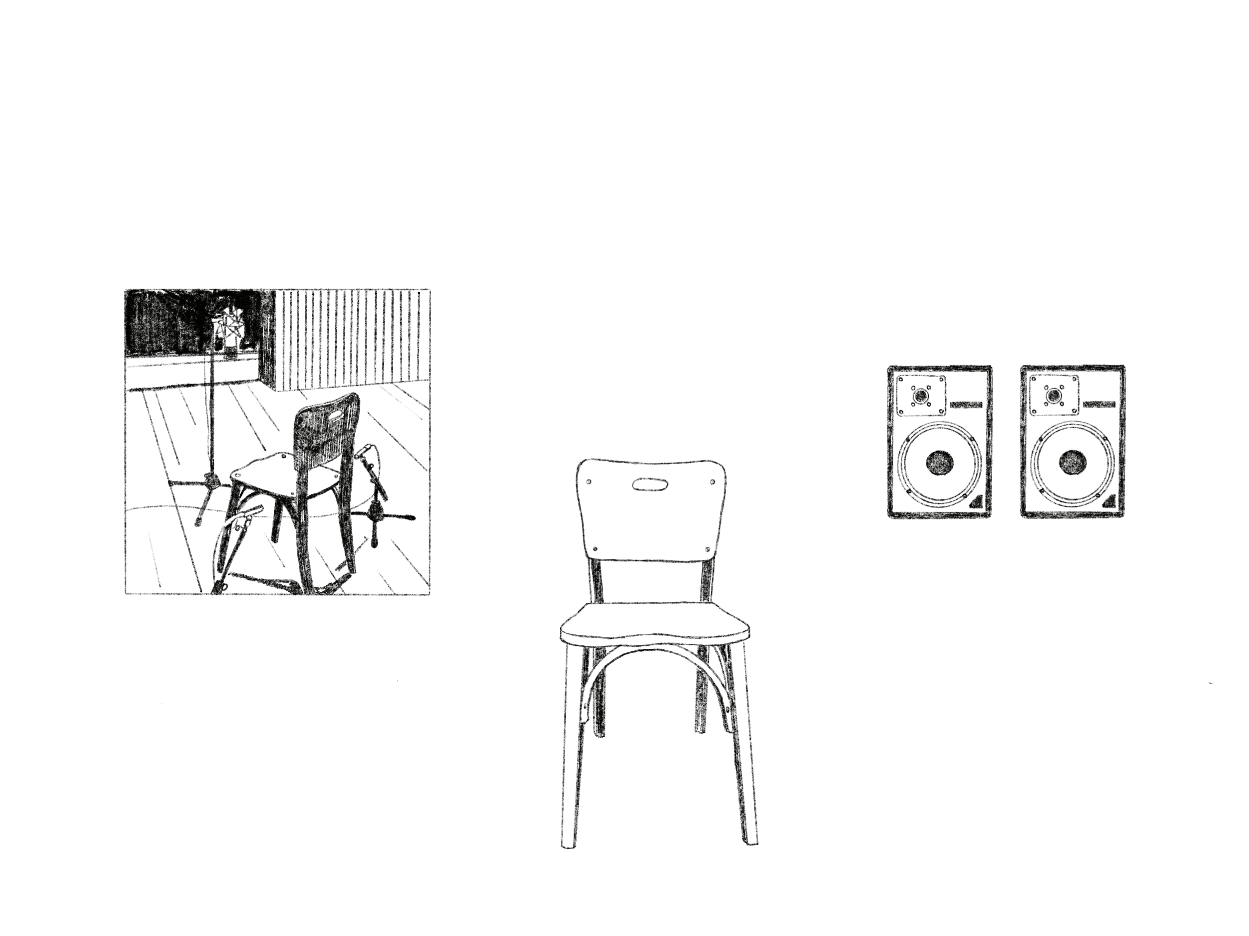 Desenho de duas cadeiras, uma ao centro, uma na parte esquerda, e dois alto-falantes ao lado direito. A cadeira central é simples e sem braços.