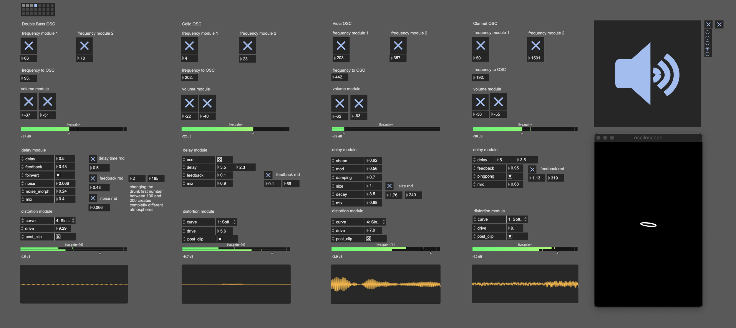 Tela de um sintetizador de áudio com vários controles, módulos de frequência, volume, delay, distorção, feedback, além de gráficos de ondas sonoras e um ícone de alto-falante.