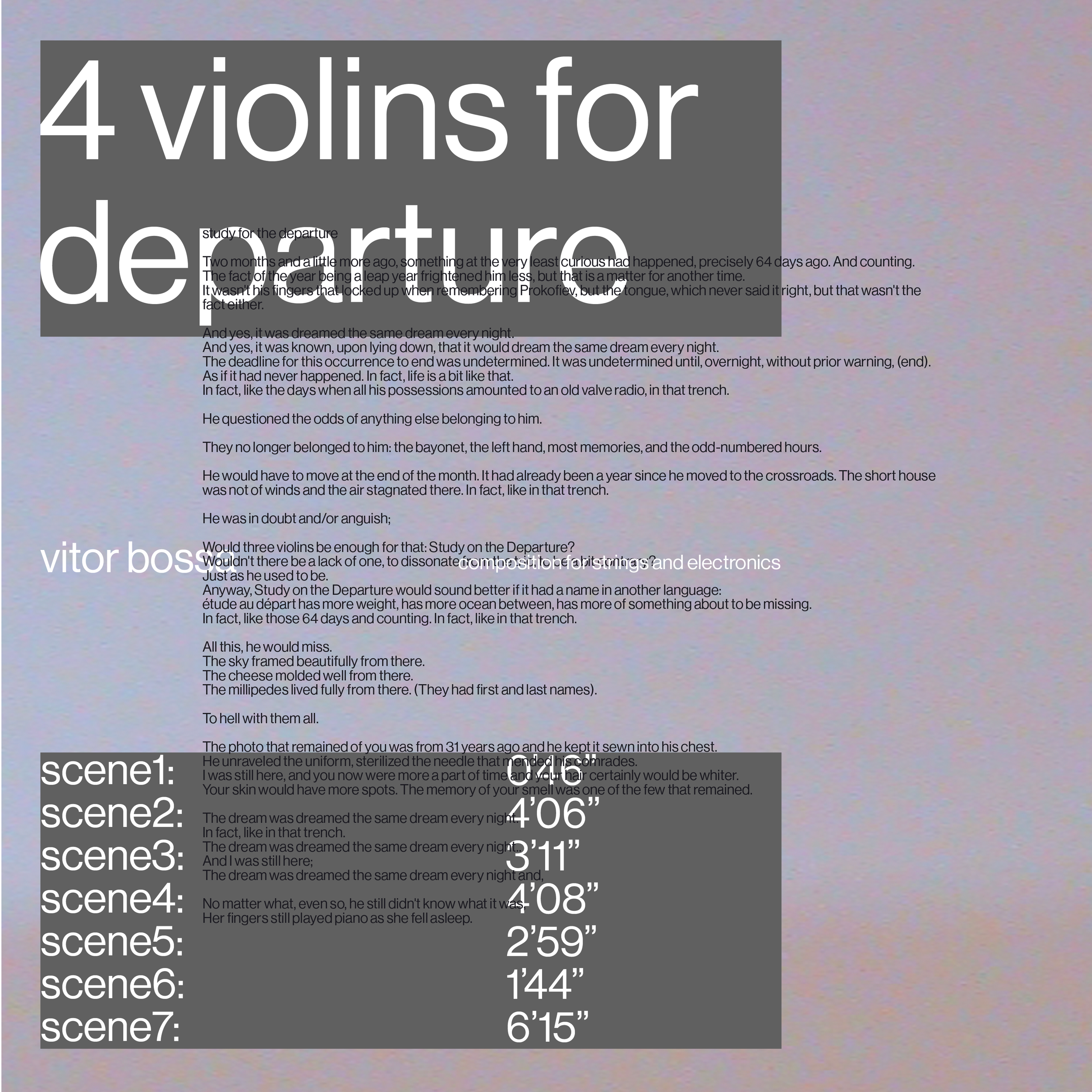 Texto em uma página digital com capítulos e tempos, mencionado cenas de um vídeo. Fundo da página é de cor cinza, com texto em branco, preto e algumas partes em roxo. Há uma seção central com uma lista de cenas numeradas e seus tempos, além de trechos de texto sobre estudos e sonhos. Algumas palavras destacadas inclui "vitor bos" e "curious had".