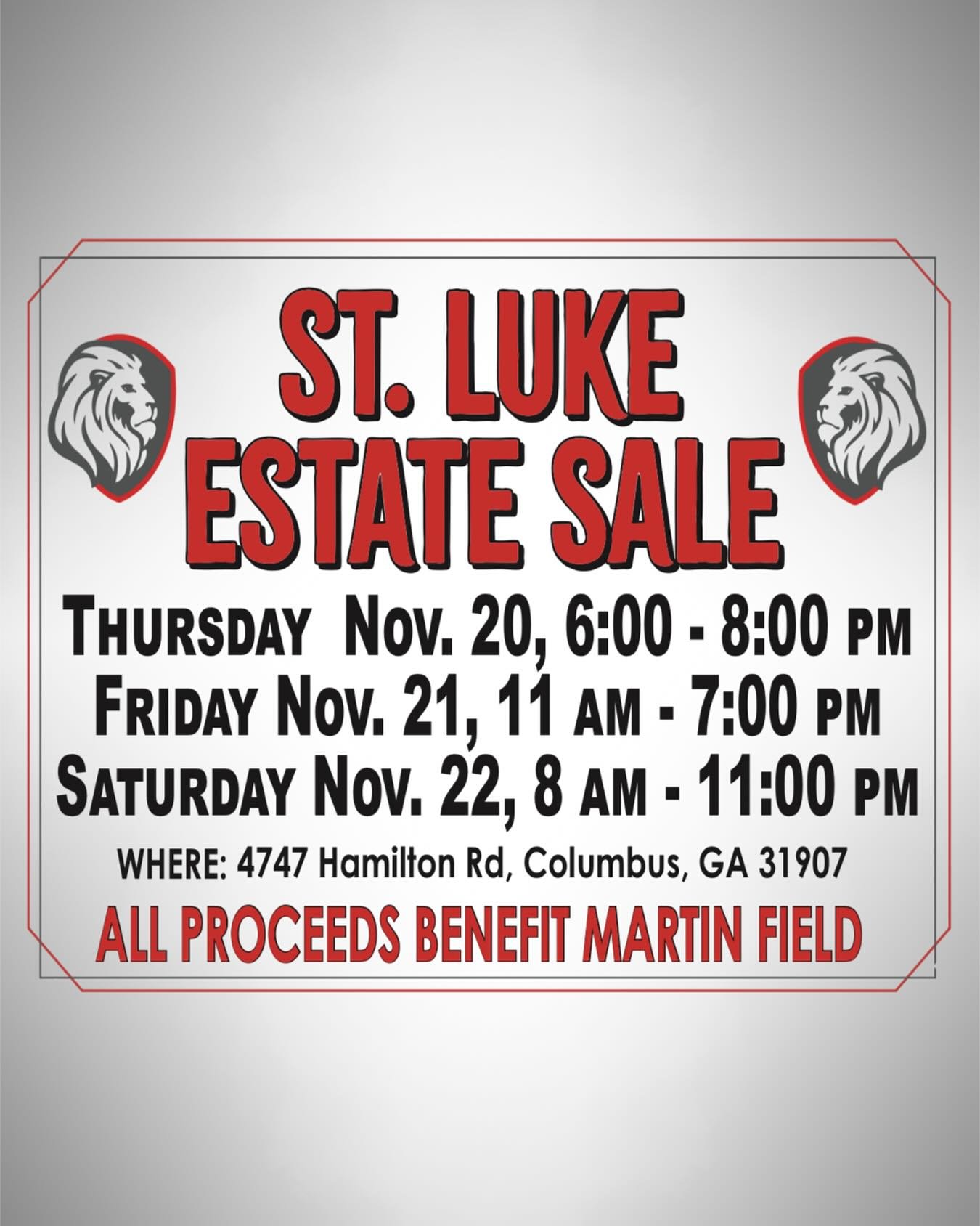 Mark your calendar! St. Luke School is hosting a Yard Sale November 20-22. Join us at 4747 Hamilton Road. Every dollar benefits Martin Field. Bring a friend!! 🦁