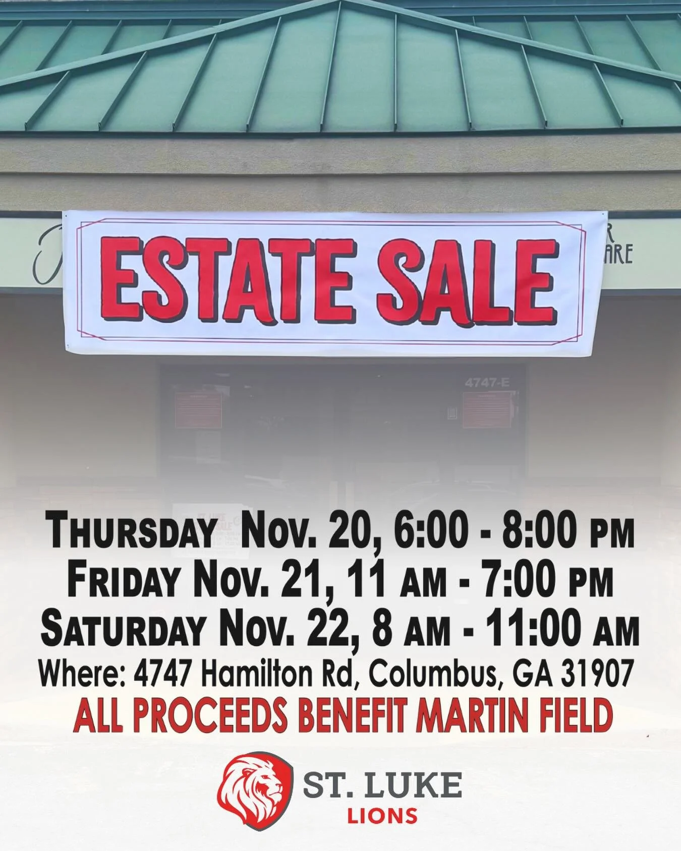 The Estate Sale starts tomorrow!!! Come check out all the awesome stuff and support Martin Field! 🦁