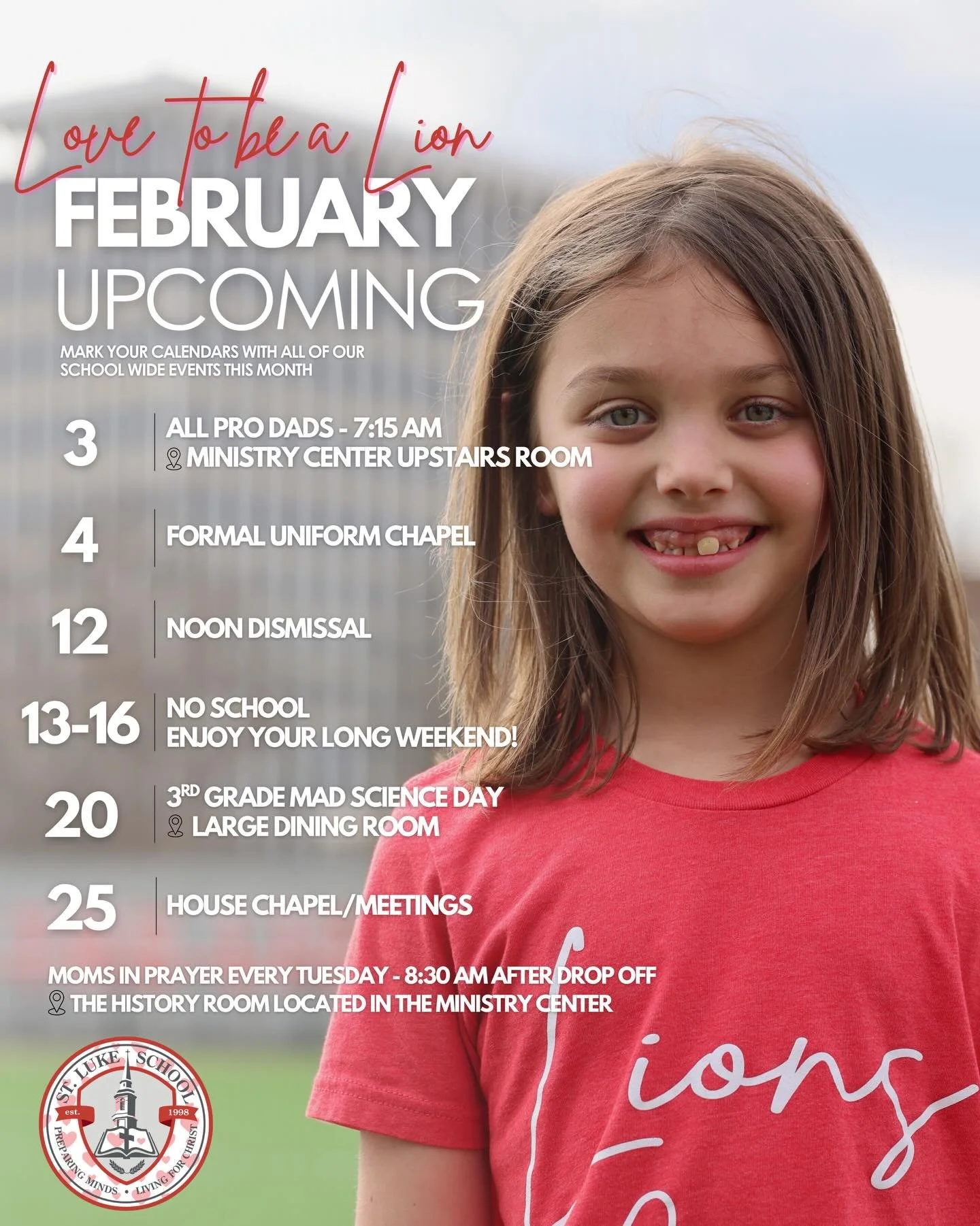 This February, we&rsquo;re celebrating what makes St. Luke so special 🦁❤️
With Love to Be a Lion, we invite students, families, and staff to share what they love about being a Lion. Take a look at this month&rsquo;s events and help us spread the Lio