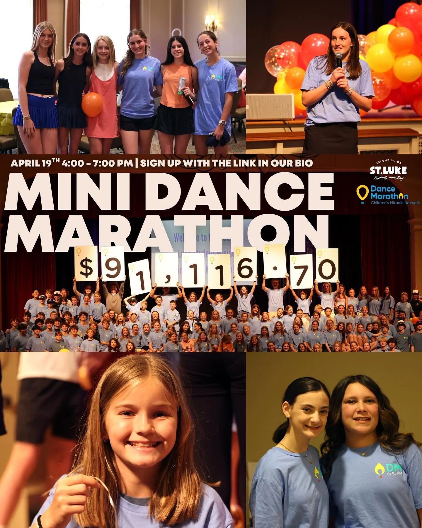 St. Luke Student Ministry MINI DANCE MARATHON!!! 🤩
Calling all SLS 3rd - 8th graders to join us on Sunday, April 19 4-7 p.m.
We can guarantee lots of fun for a great cause.

It is a gift to support our local Bill and Olivia Amos Children&rsquo;s Hos