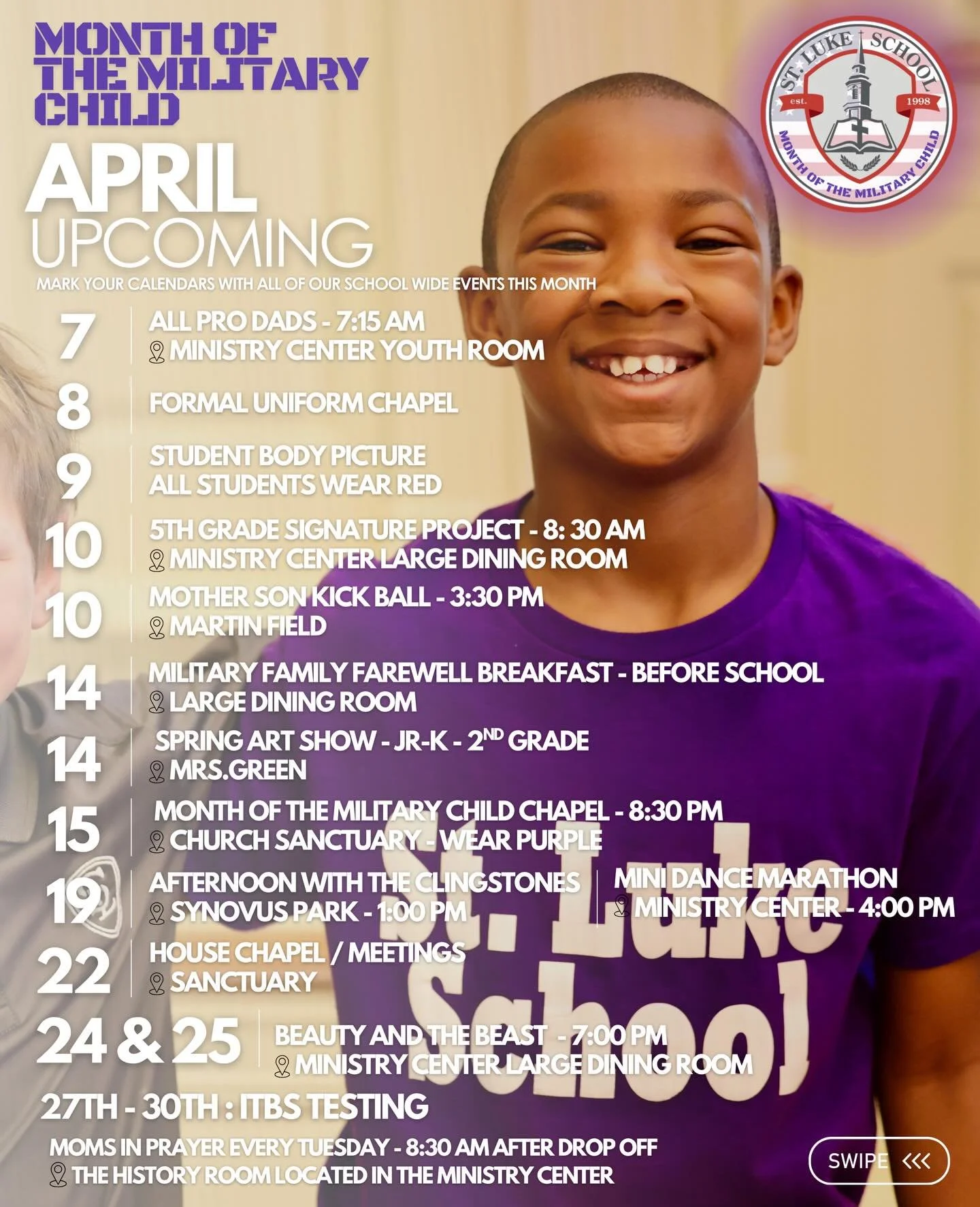 April is here! Mark your calendars with all the fun things coming up!
We are excited to honor the Month of the Military Child, celebrating the strength and resilience of our military families! #monthofthemilitarychild #togetherweroar 🦁💜