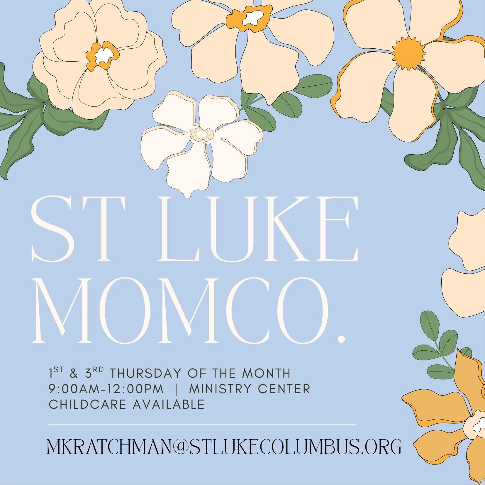 Join us for St. Luke MomCo. Meeting the 1st &amp; 3rd Thursdays each month from 9:00 AM&ndash;12:00 PM. Childcare is available, so you can come relax, connect, and be encouraged. If you have any questions email mkratchman@stlukecolumbus.org