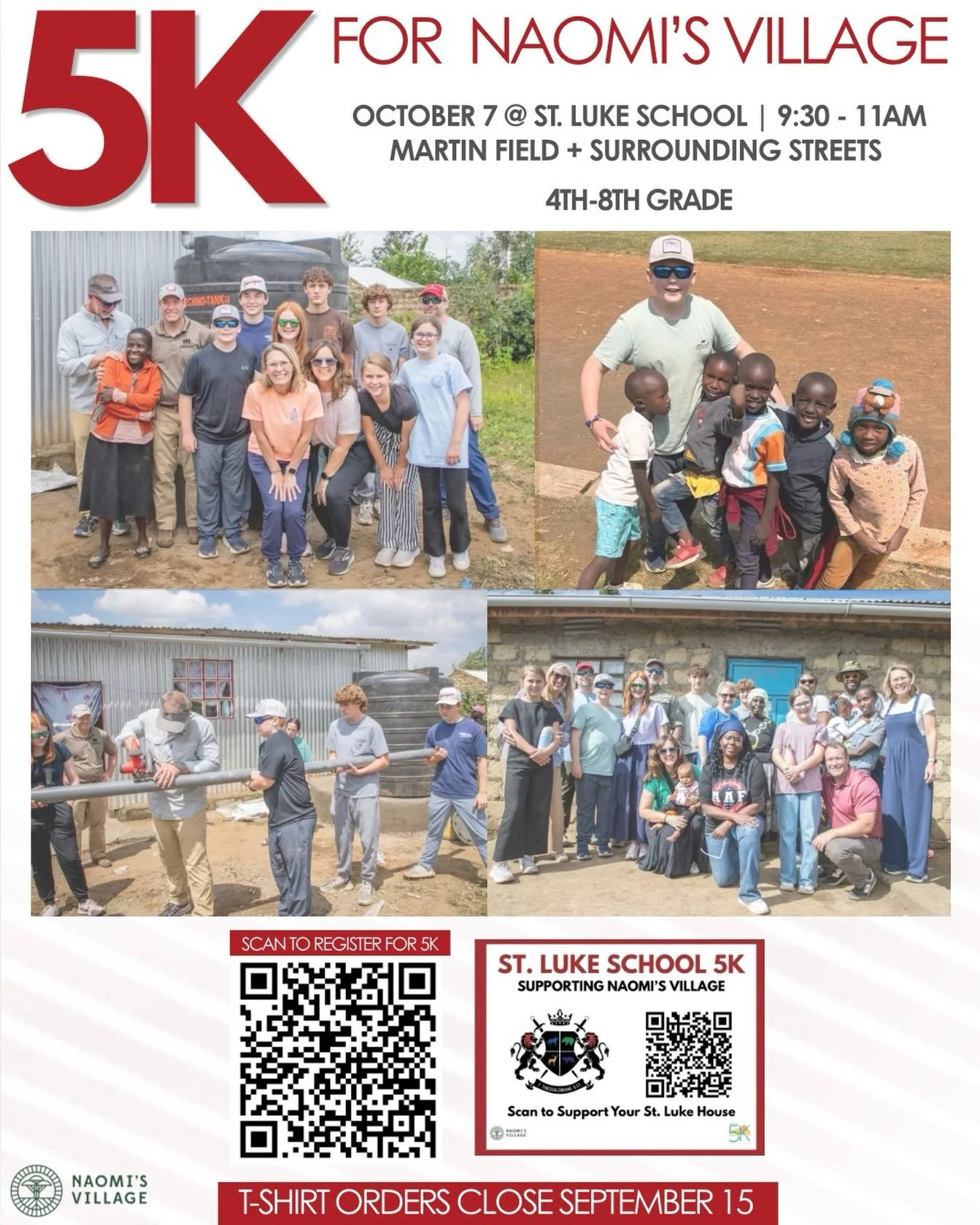 Join us on October 7th at St. Luke from 9:30-11AM for a 5K run in support of Naomi&rsquo;s Village in Kenya!!!

4th-8th Grade 

T-shirt orders close September 15!

All four houses run together! Let&rsquo;s get our run on!🏃&zwj;♀️🏃

#5k #run #fundra