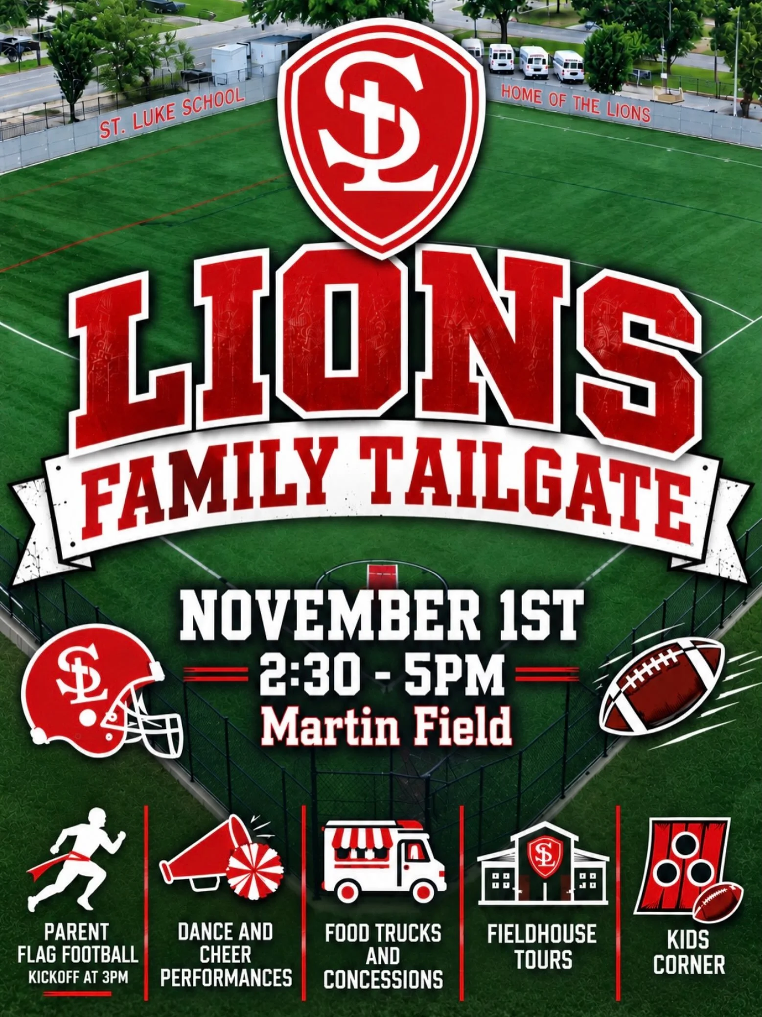 We would love for you all to join us for the Lions Family Tailgate on Sunday, November 1st at 2:30PM celebrating the completion of Martin Field and our new Field House!🏈❤️

We cannot wait to gather with our school community for an afternoon of games