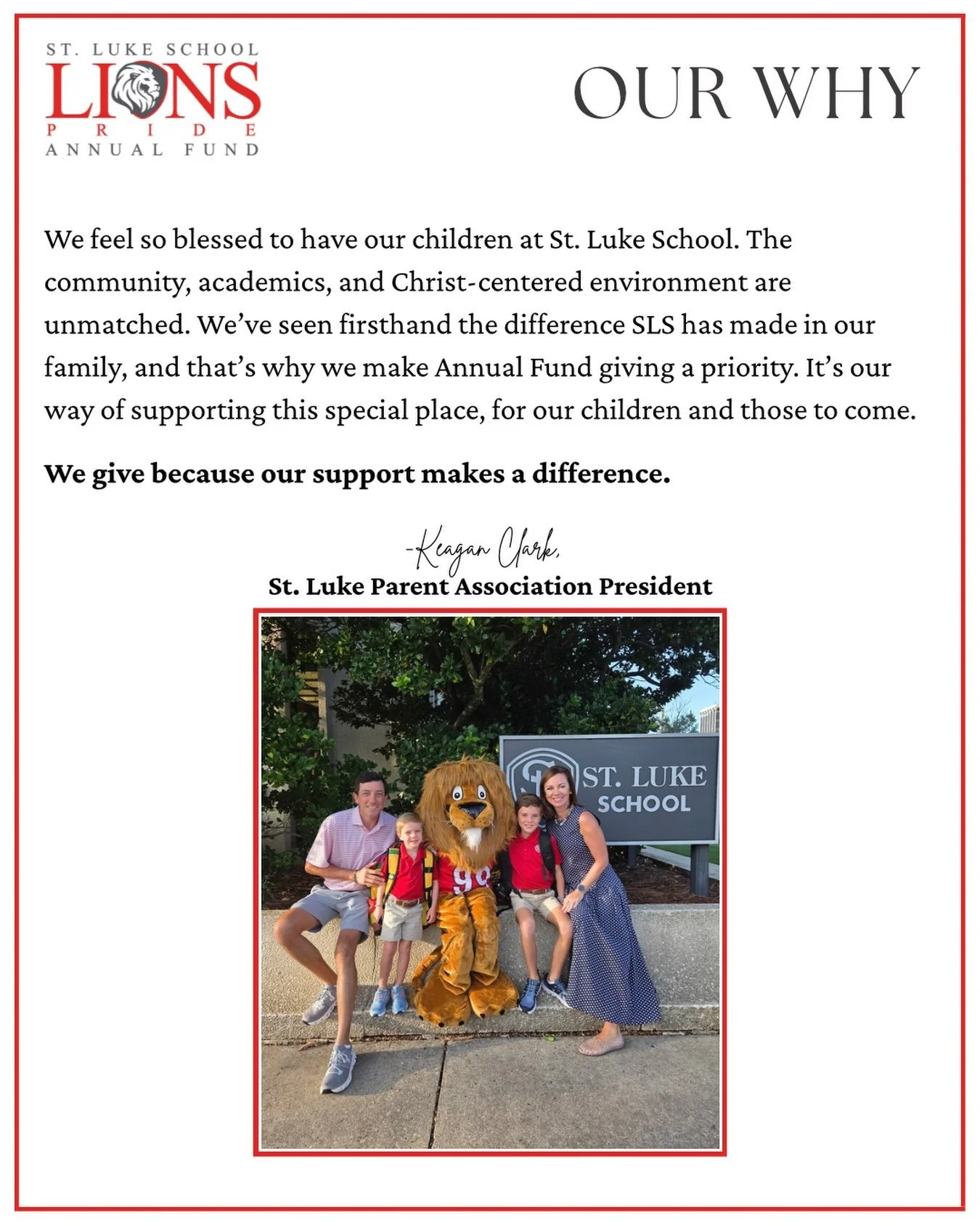A message from St. Luke Parent Association President, Keagan Clark, about why her family gives to Lion&rsquo;s Pride Annual Fund. 

#annualfund #golions