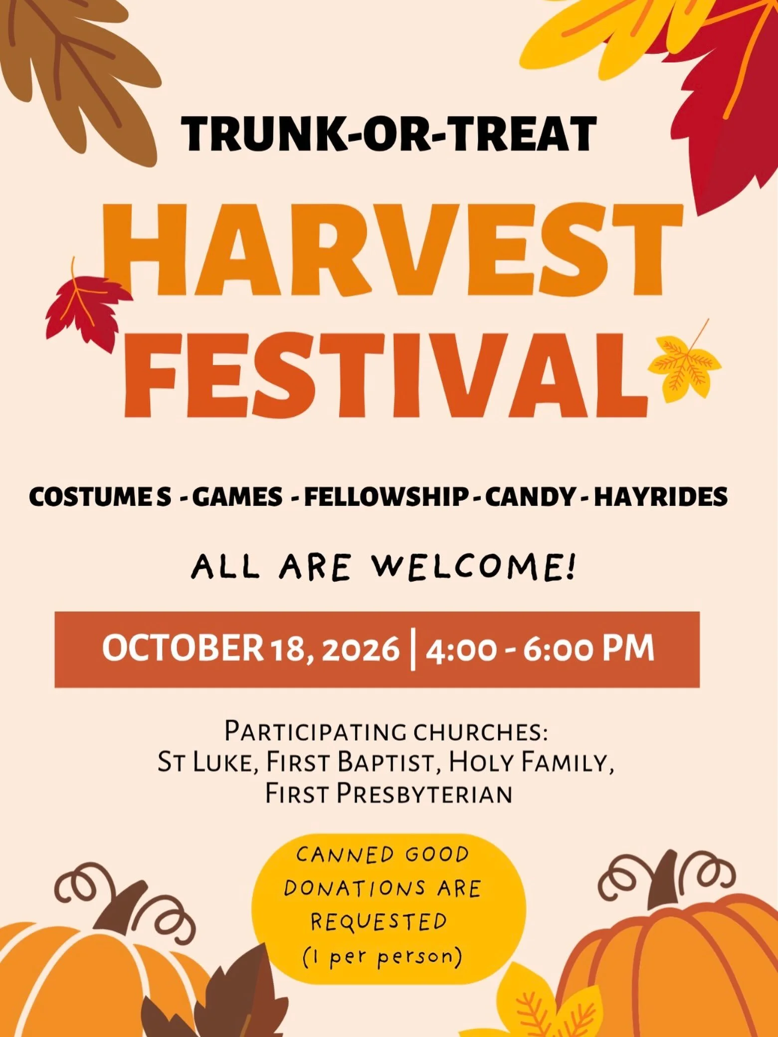 St. Luke Church&rsquo;s annual Harvest on 3rd Festival is this Sunday, October 18 from 4:00-6:00PM!

We hope to see y&rsquo;all there for a fun evening of games, candy, costumes, hayrides, and fellowship!🎃🍂

#fallfestival