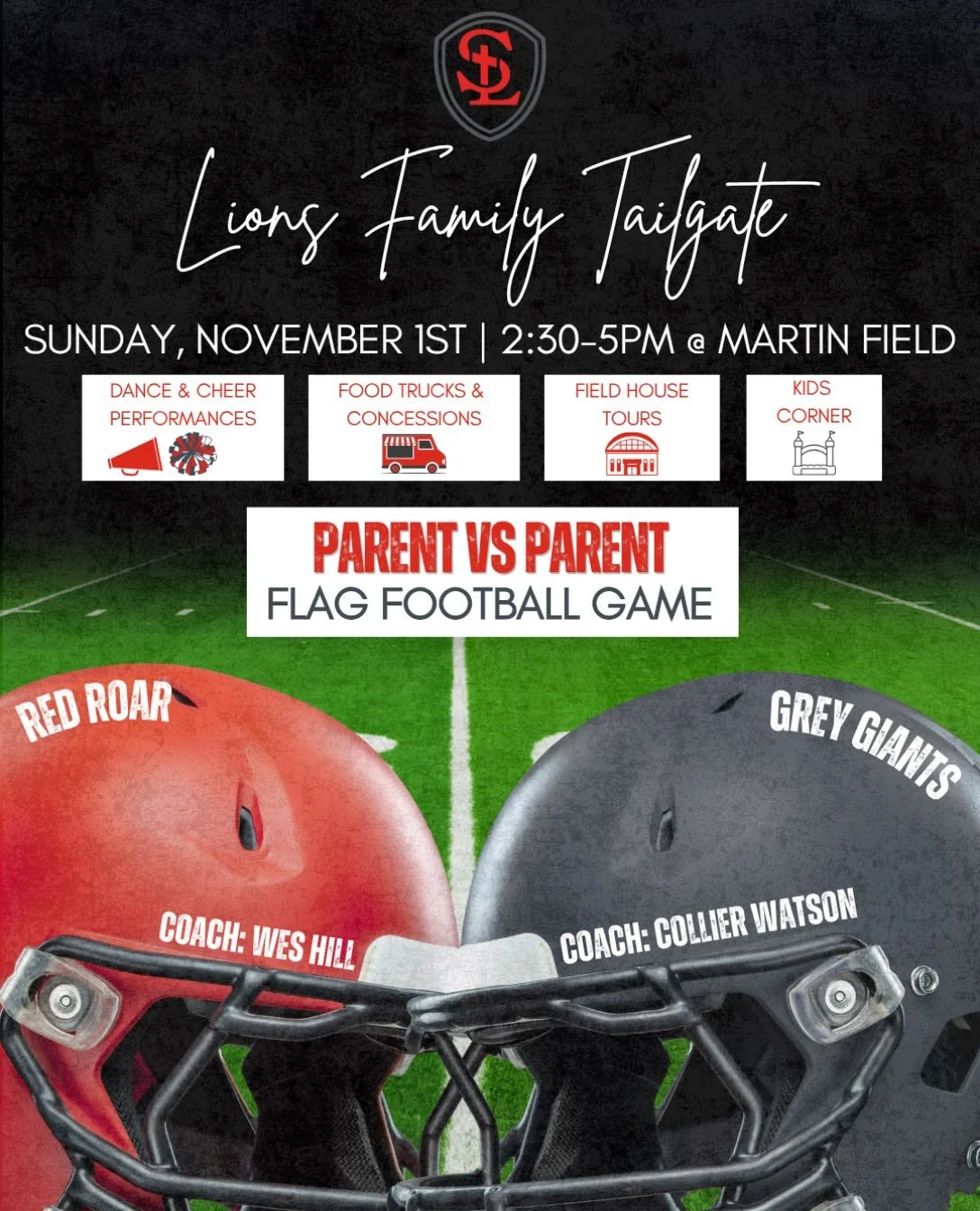 Join us this Sunday, November 1st, for our Lions&rsquo; Family Tailgate from 2:30-5PM at Martin Field!❤️🏈

We will have food trucks, field house tours, cheer &amp; dance performances AND a Parent VS Parent flag football game!

We hope to see y&rsquo