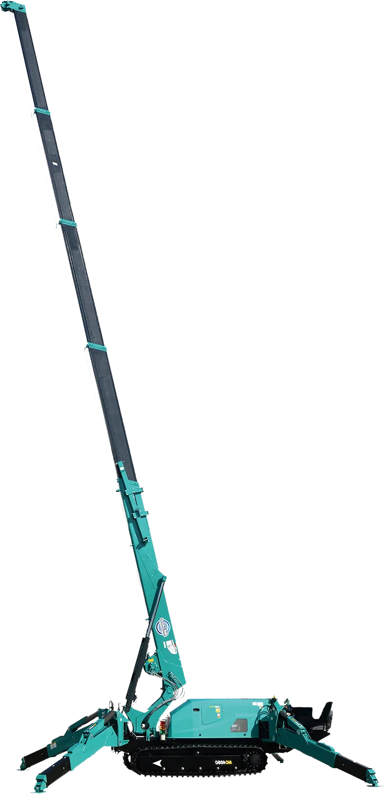 A teal-colored tracked crane with an extended telescopic boom.