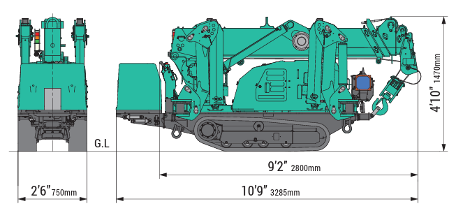 Maeda MC285 mini crawler crane machine dimensions diagram showing overall width, height, length, and transport size.