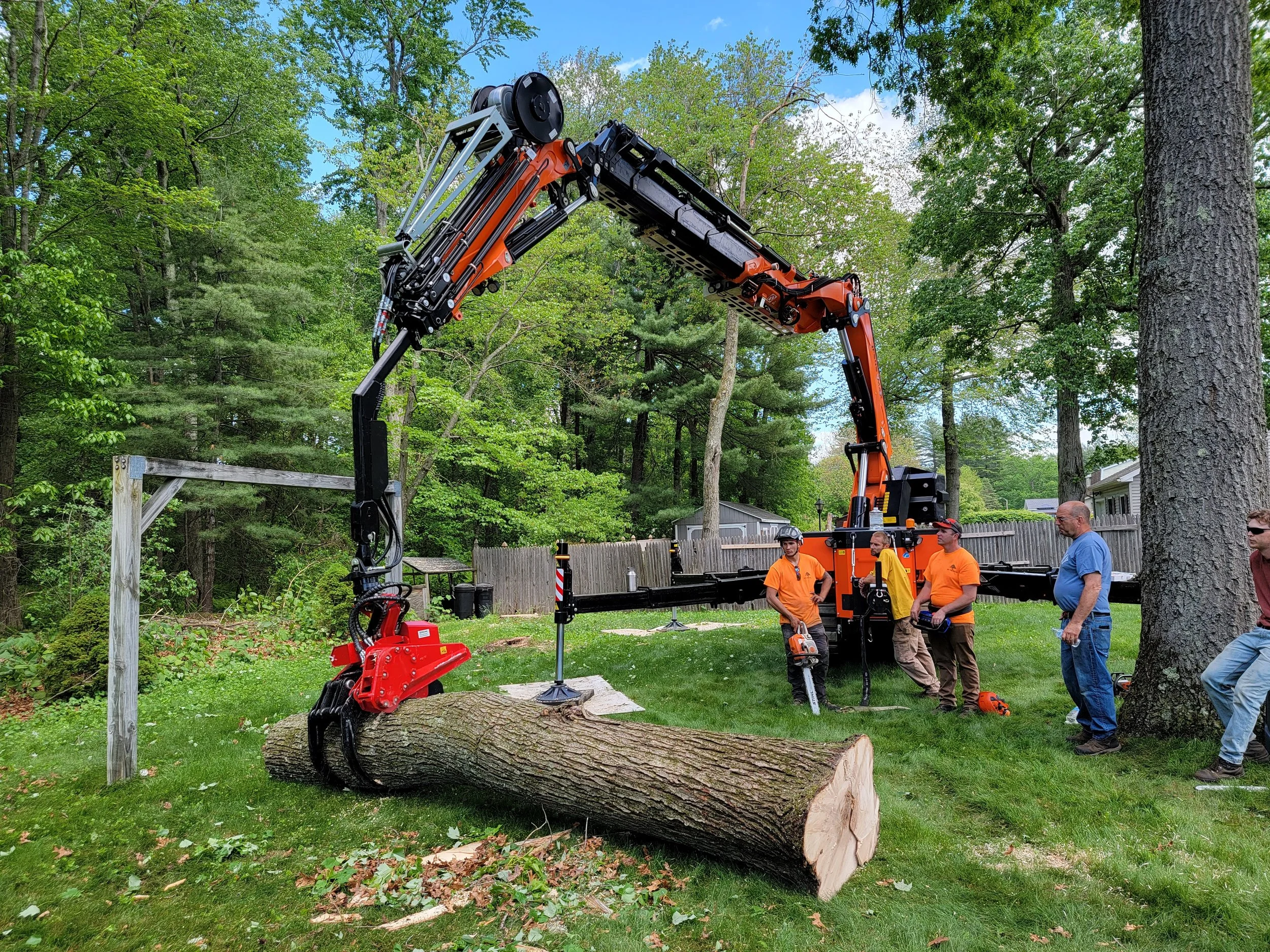 A large orange and black hydraulic log crane is lifting a fallen tree trunk in a backyard with several people observing. The background has green trees, a wooden fence, and a partly cloudy sky.