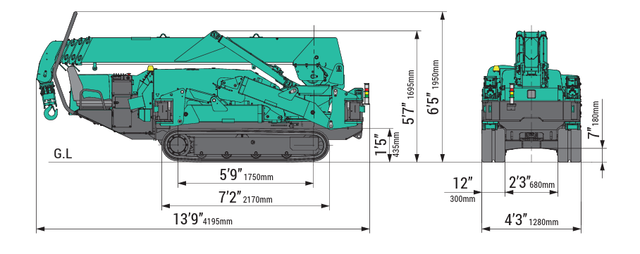 Maeda MC305 mini crawler crane machine dimensions diagram showing overall width, height, length, and transport size.