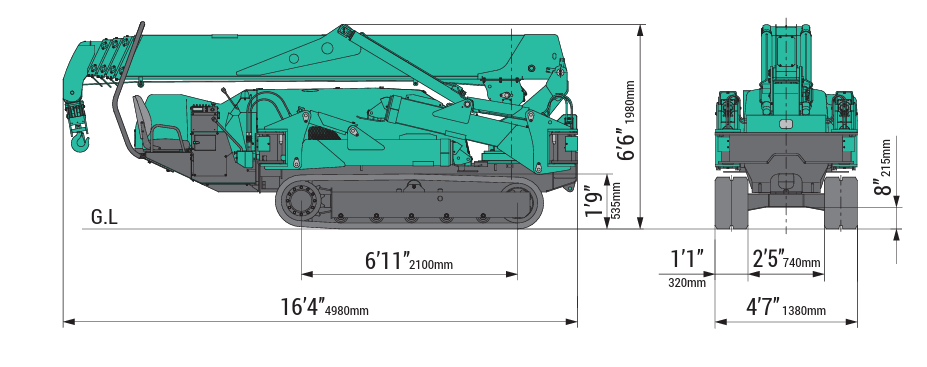 Maeda MC405 mini crawler crane machine dimensions diagram showing overall width, height, length, and transport size.