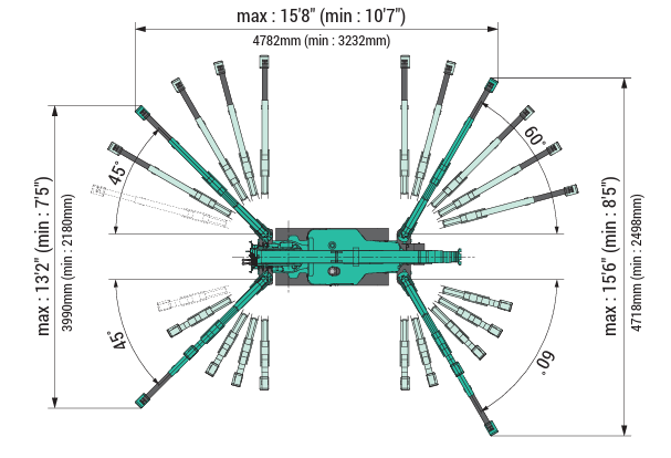 Maeda MC285 mini crawler crane footprint diagram showing operating footprint and stabilizer spread.