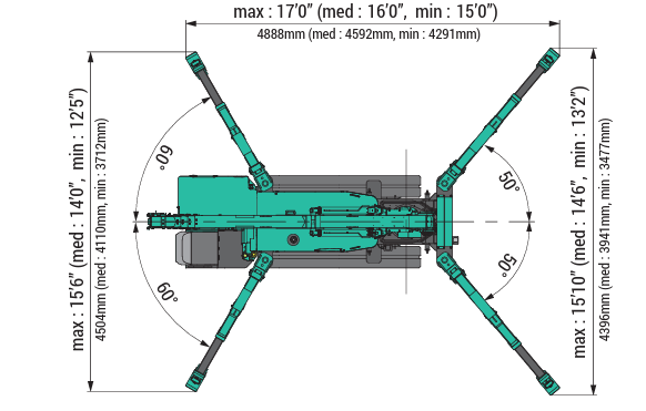 Maeda MC305 mini crawler crane footprint diagram showing operating footprint and stabilizer spread.”