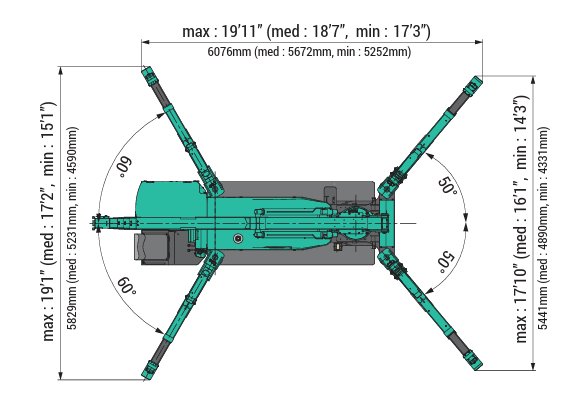 Maeda MC405 mini crawler crane footprint diagram showing operating footprint and stabilizer spread.
