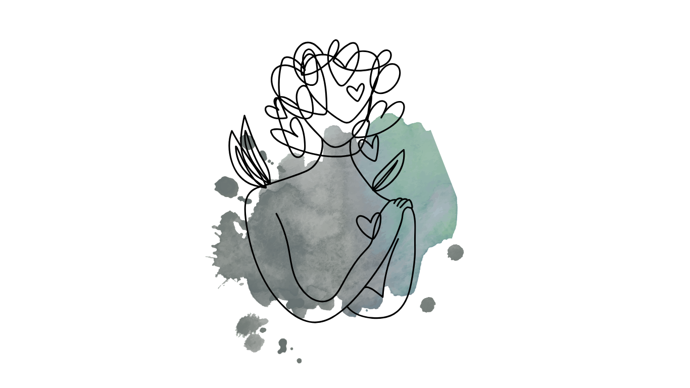Illustrazione stilizzata di una persona con piccoli cuori e dettagli floreali su sfondo acquerellato.